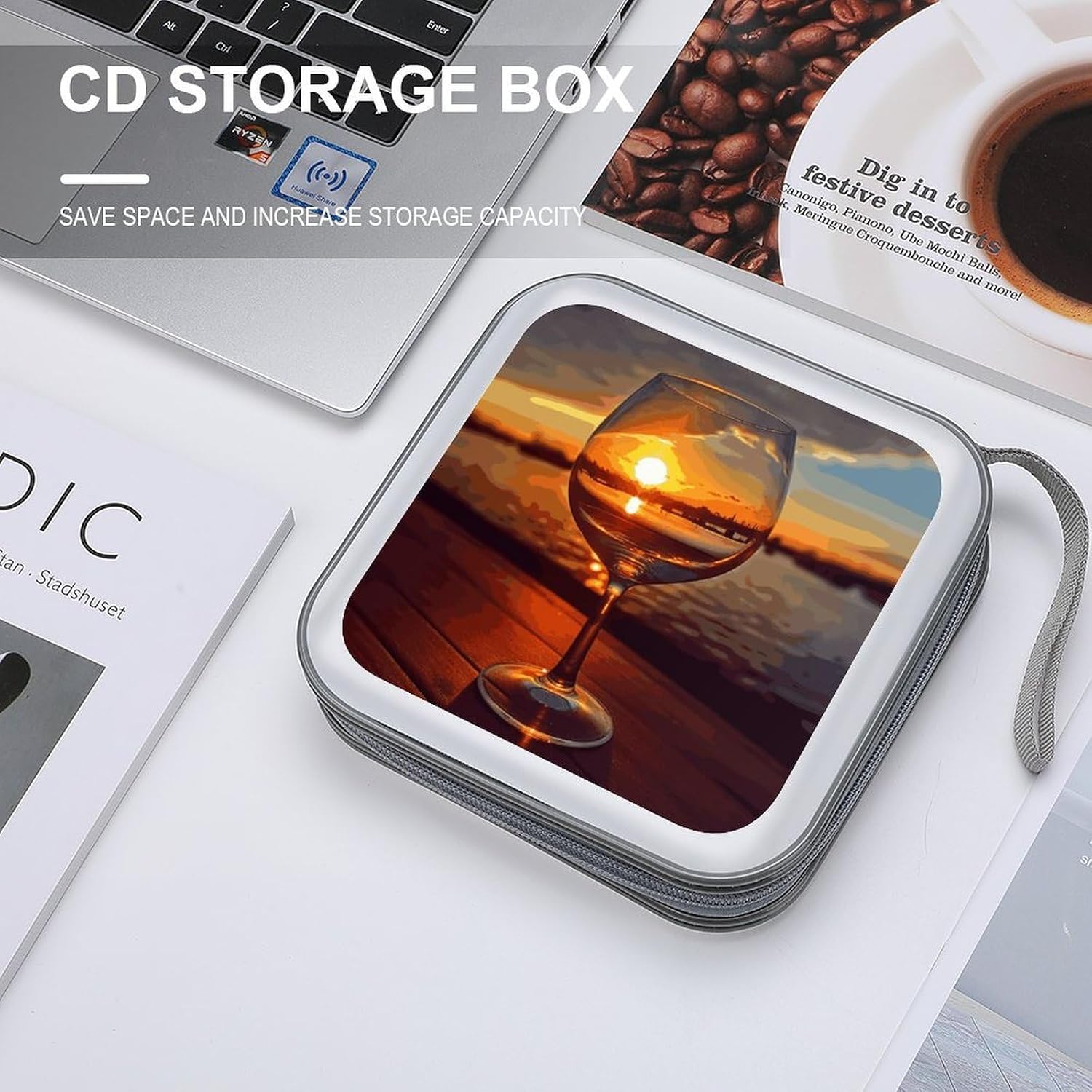 Wine Glass in The Sunset CD Case Holder Hard Plastic DVD Case Storage Holders 40 Capacity Large Storage Disc Wallet Bag Portable Zipper CD/DVD Wallet Holder Organizer for Car Home Travel