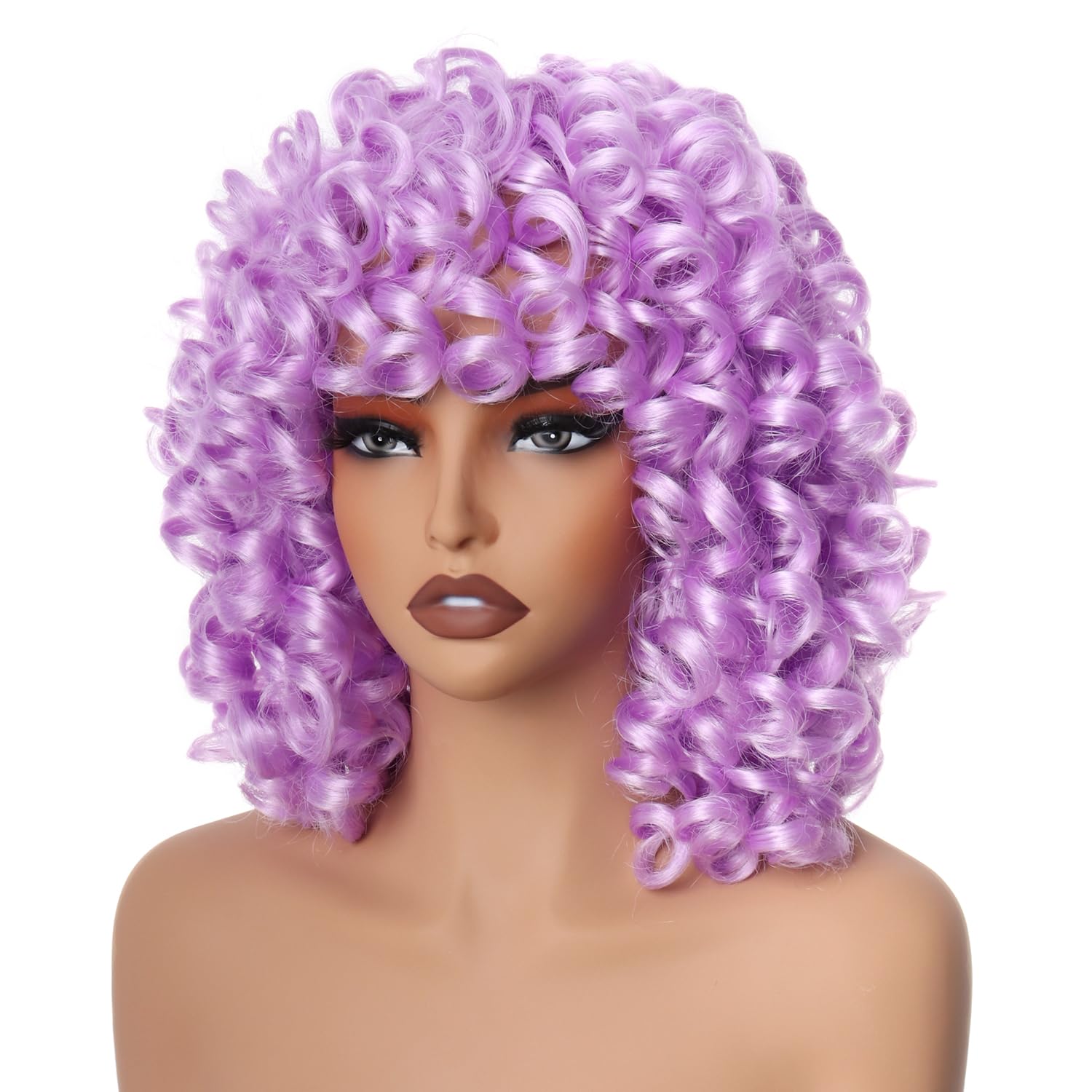 PORSMEER Purple Curly Wigs for Women Synthetic Hair Natural Loose Curly Afro Kinky Medium Wavy Bob 70’s 80'S Wig Black Women for Costume or Daily Wear(light purple) - Image 4