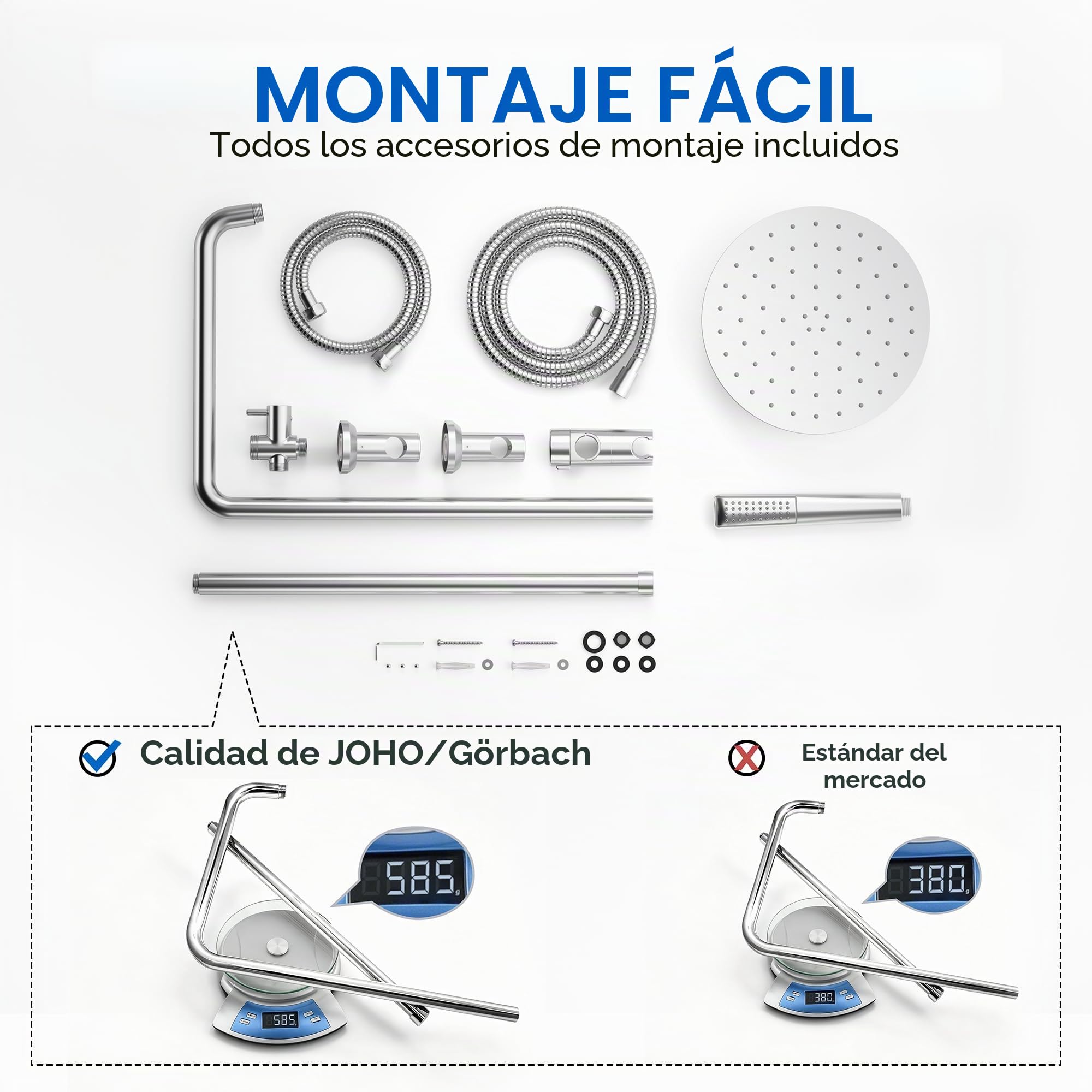 Görbach Columna de Hidromasaje Columna de Ducha Completo sin Grifo Acero Inox Barra de Altura Adjustable Set Ducha con Ducha Mano y Cabezal Ducha Rociador en INOXI D20cm