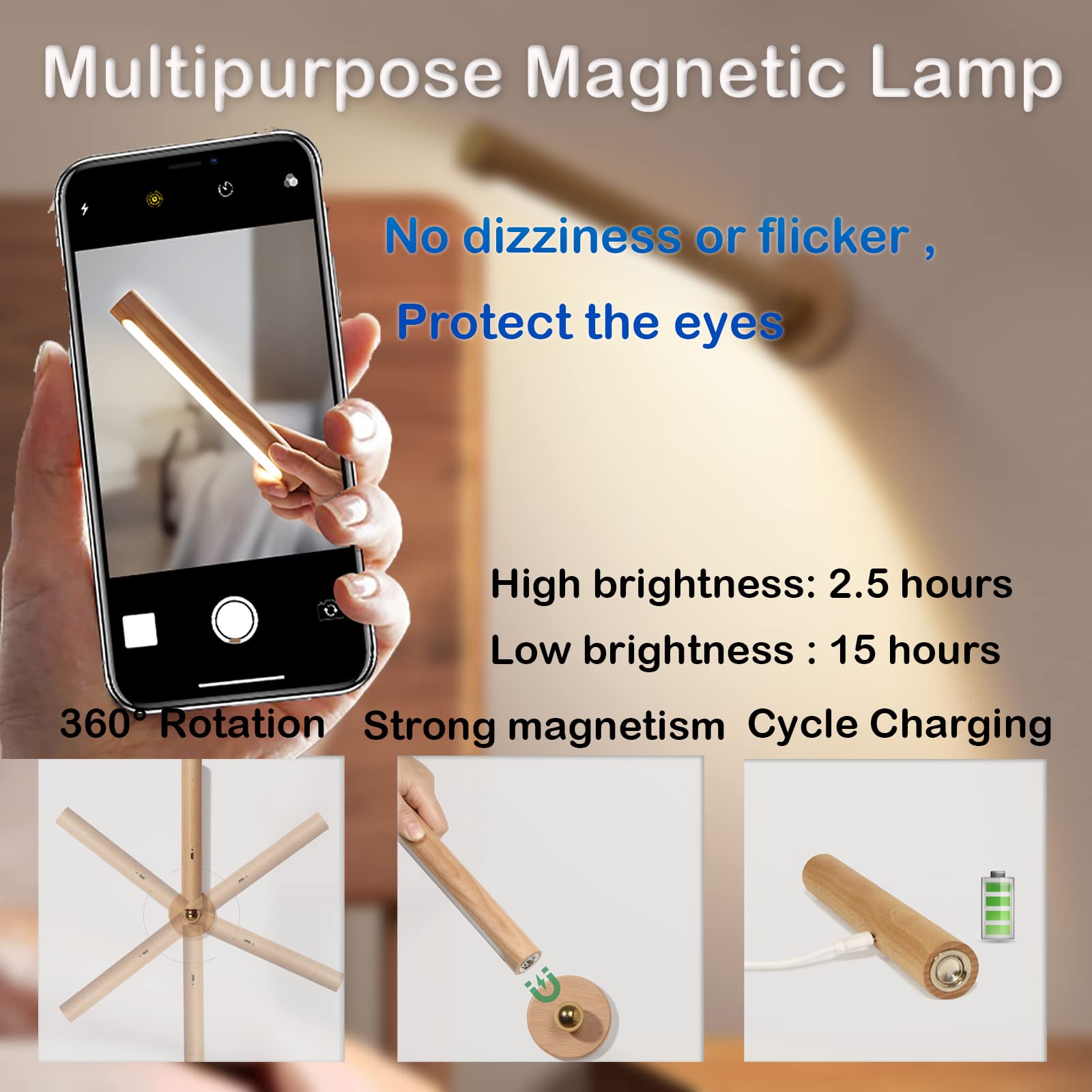 TUNJINSHOU - Lámpara LED de madera giratoria de 360°, magnética, desmontable, regulable, recargable, regulable, para dormitorio, sala de estar, luz nocturna USB (amarillo)