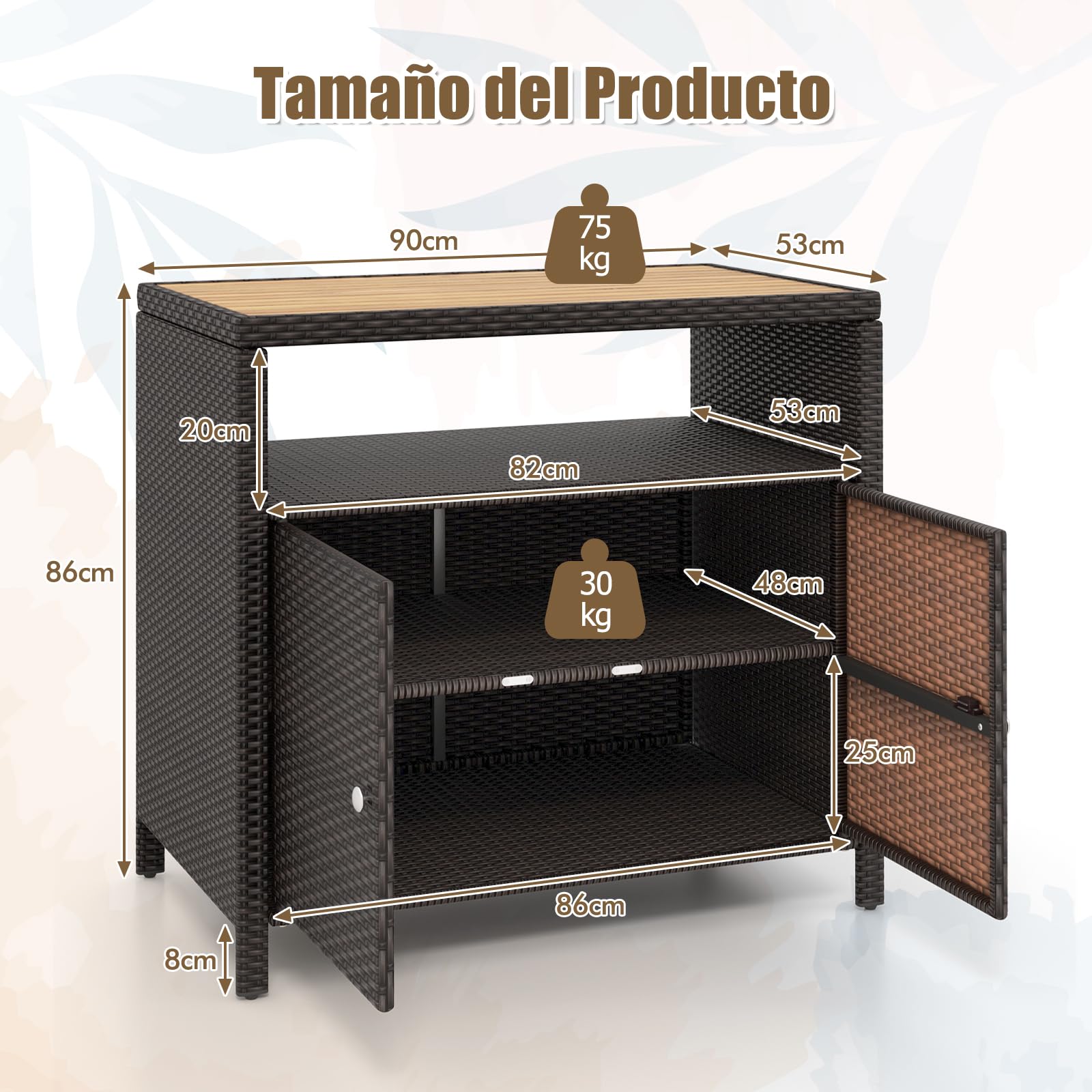 GIANTEX Armario de Jardín de Ratán, Armario Bajo de Almacenamiento con Tablero de Madera de Acacia, Armario Auxiliar para Jardín, Terraza, Balcón, 90 x 53 x 86 cm (Marrón)