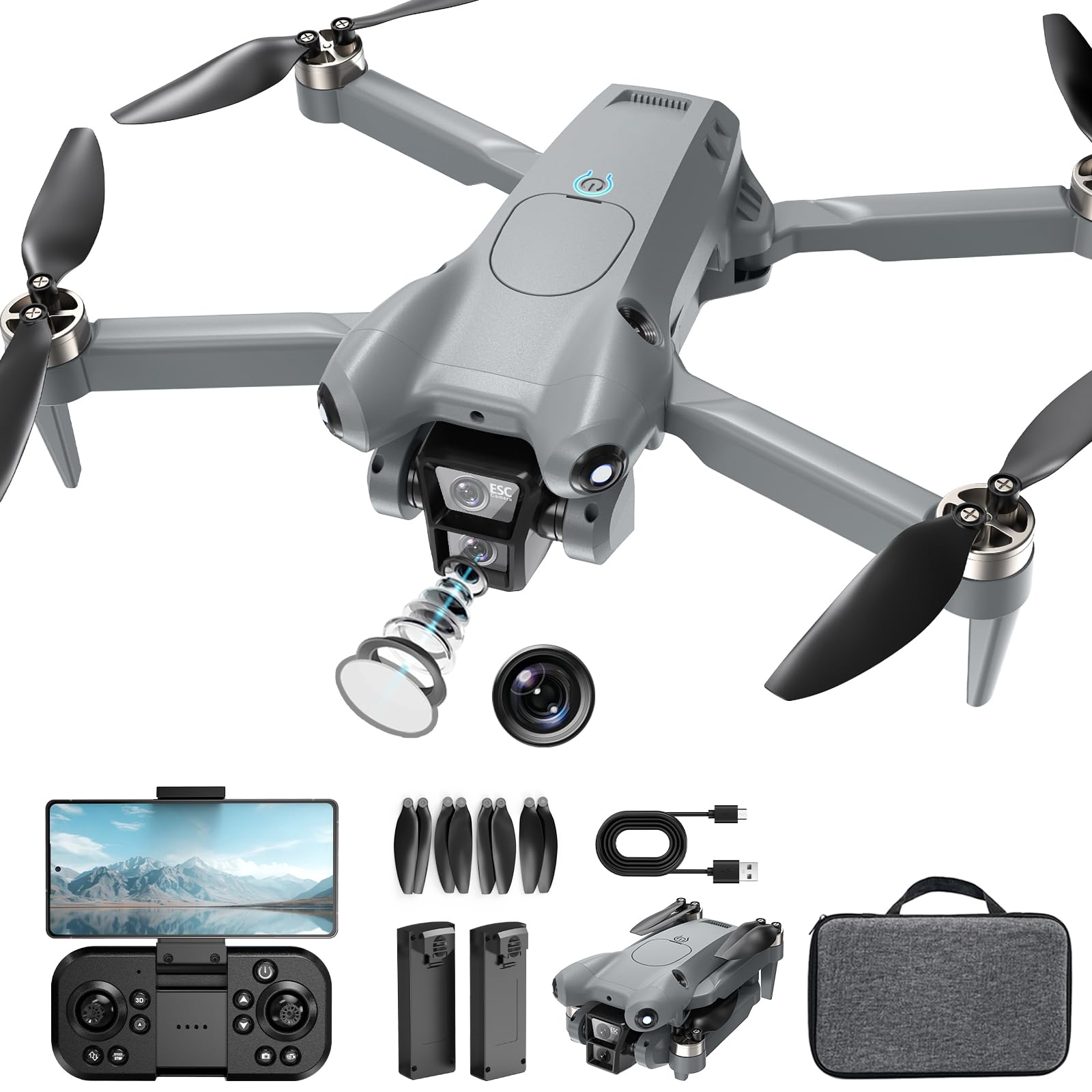 PRO Foldable Drone with 2K HD Camera, FPV RC Quadcopter for Teens &amp; Adults, Brushless Power, 40 Mins Flight (Mousy Gray)