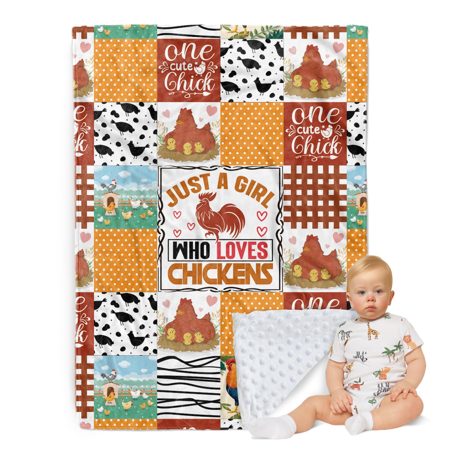 ZOTIMEF Just A Girl Who Loves Chickens Blanket - Plaid Patchwork Soft Plush Throw Blanket with Double Layer Dotted Backing for Baby Kid Girls Gifts