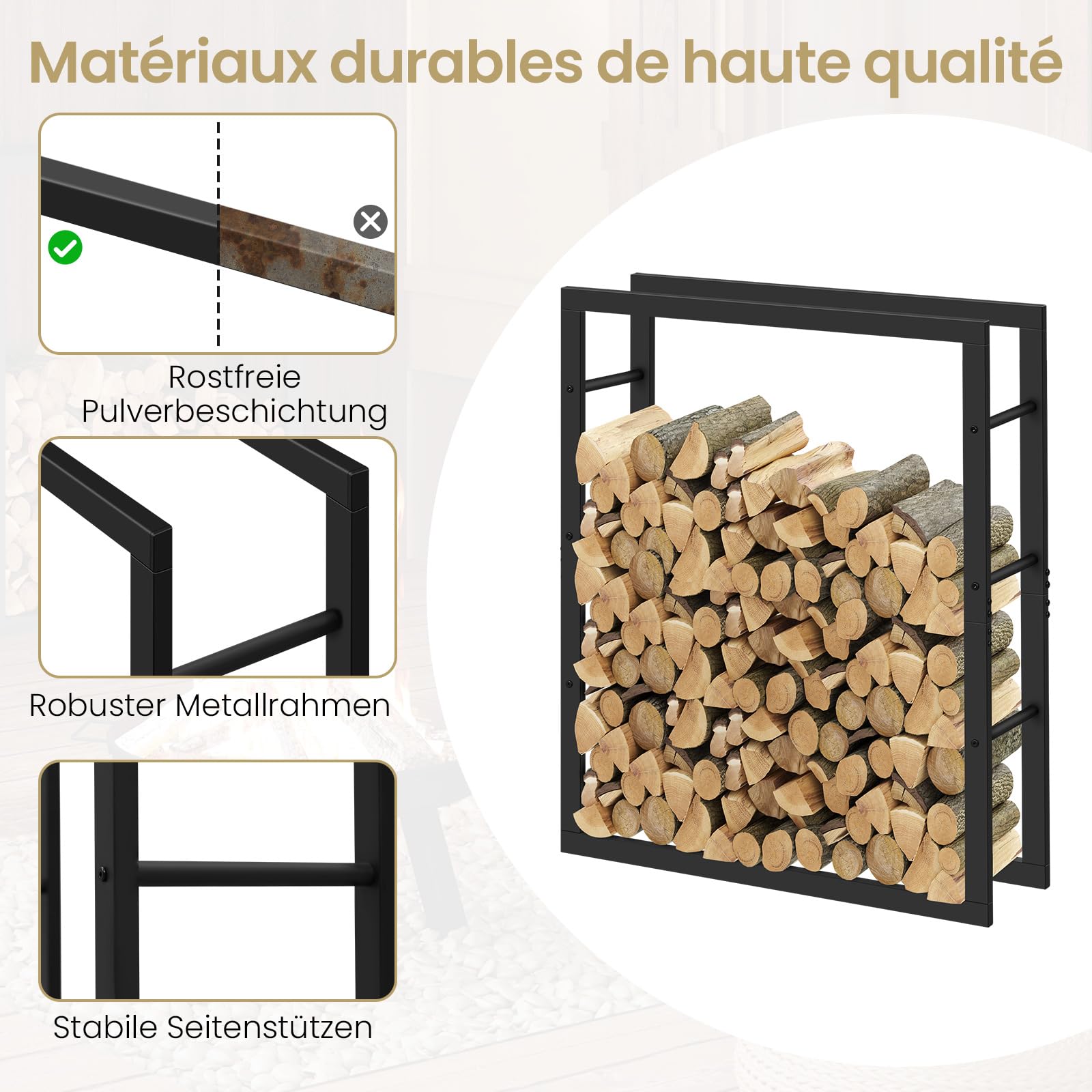 Laneetal Range-Bûches, Étagère pour Bois de Cheminée Intérieur Extérieur, 100x80x25cm, Métal, Noir