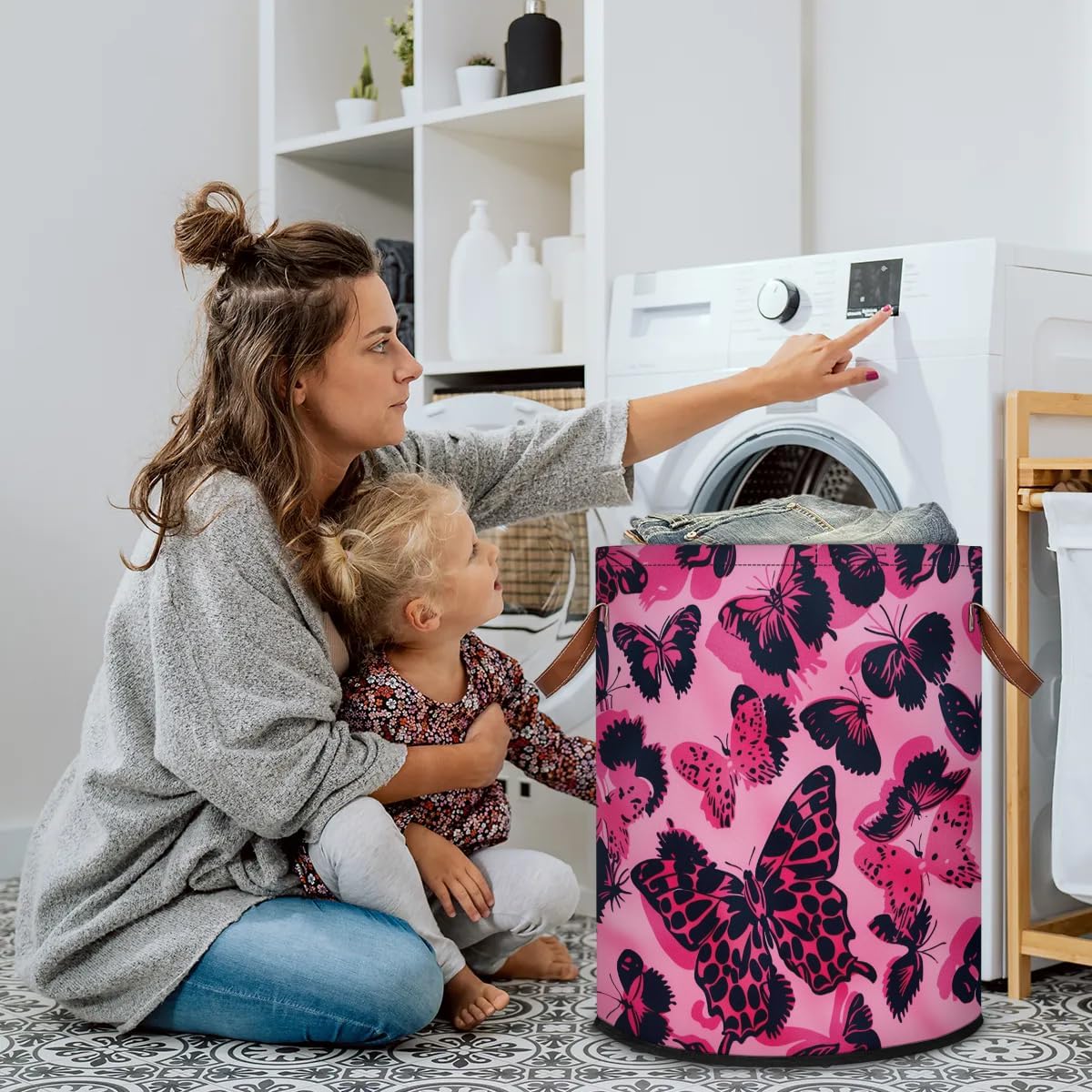 Butterfly Laundry Basket with Lid, Collapsible Large Drawstring Laundry Hamper Storage with Handle, Toy Clothes Storage Basket for Nursery Playroom