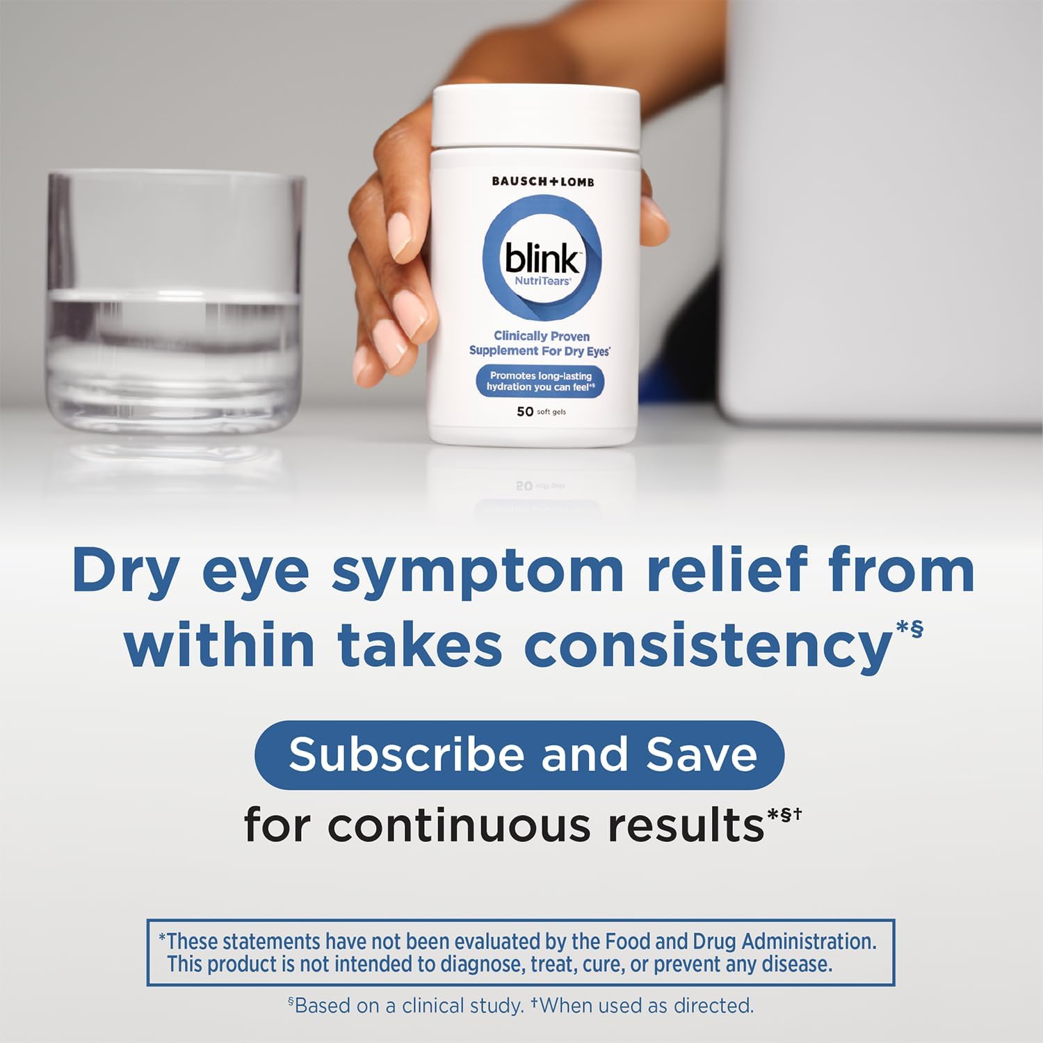 Blink NutriTears Clinically Proven Supplement for Dry Eyes, Eye Care with Lutein & Zeaxanthin and Vitamin D to Hydrate Eyes from Within for Long-Lasting Relief, 50 Softgels