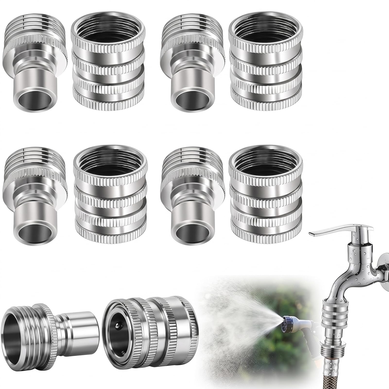 Set di raccordi per tubo da giardino in acciaio inossidabile, raccordi a connessione rapida per tubo dell'acqua da 3/4 pollici, connettore a sgancio rapido per tubo, rubinetto, spruzzatore, ugello e
