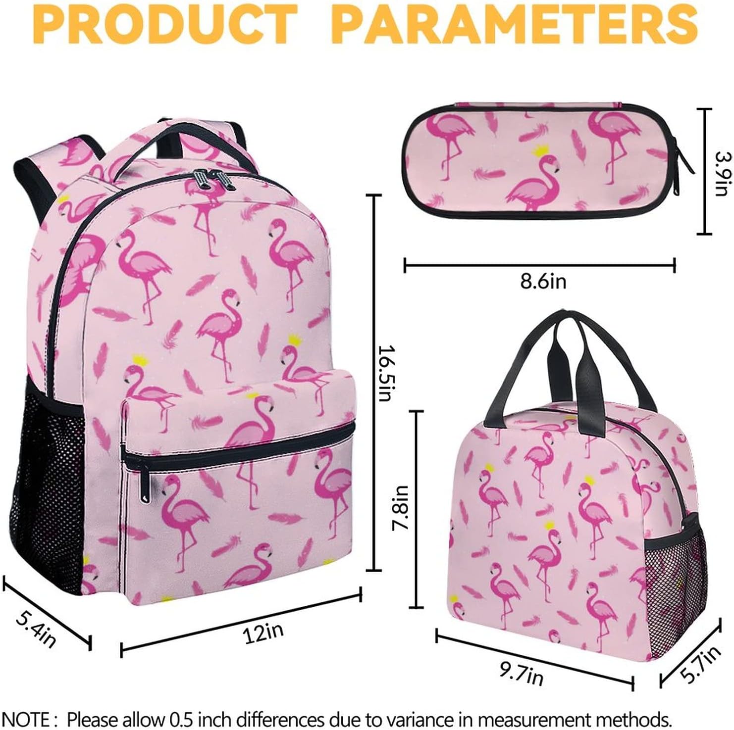 Flamingo Backpack with Lunch Box - Set of 3 School Backpacks Matching Combo - Cute Pink Bookbag and Pencil Case Bundle