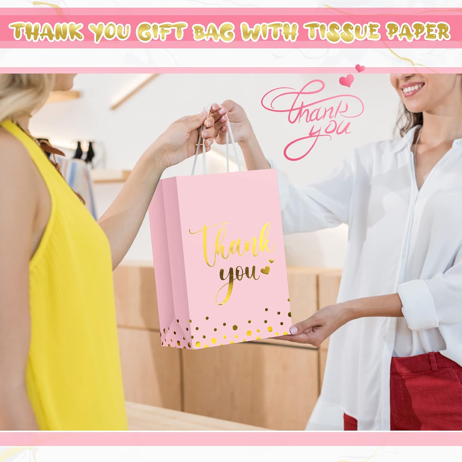 Tinlade 12 Pcs Thank You Gift Bags with Tissue Paper Gold Polka Dots Thank You Bags with Handle Party Favor for Wedding Birthday Baby Shower Business Shopping(Pink) - Image 6
