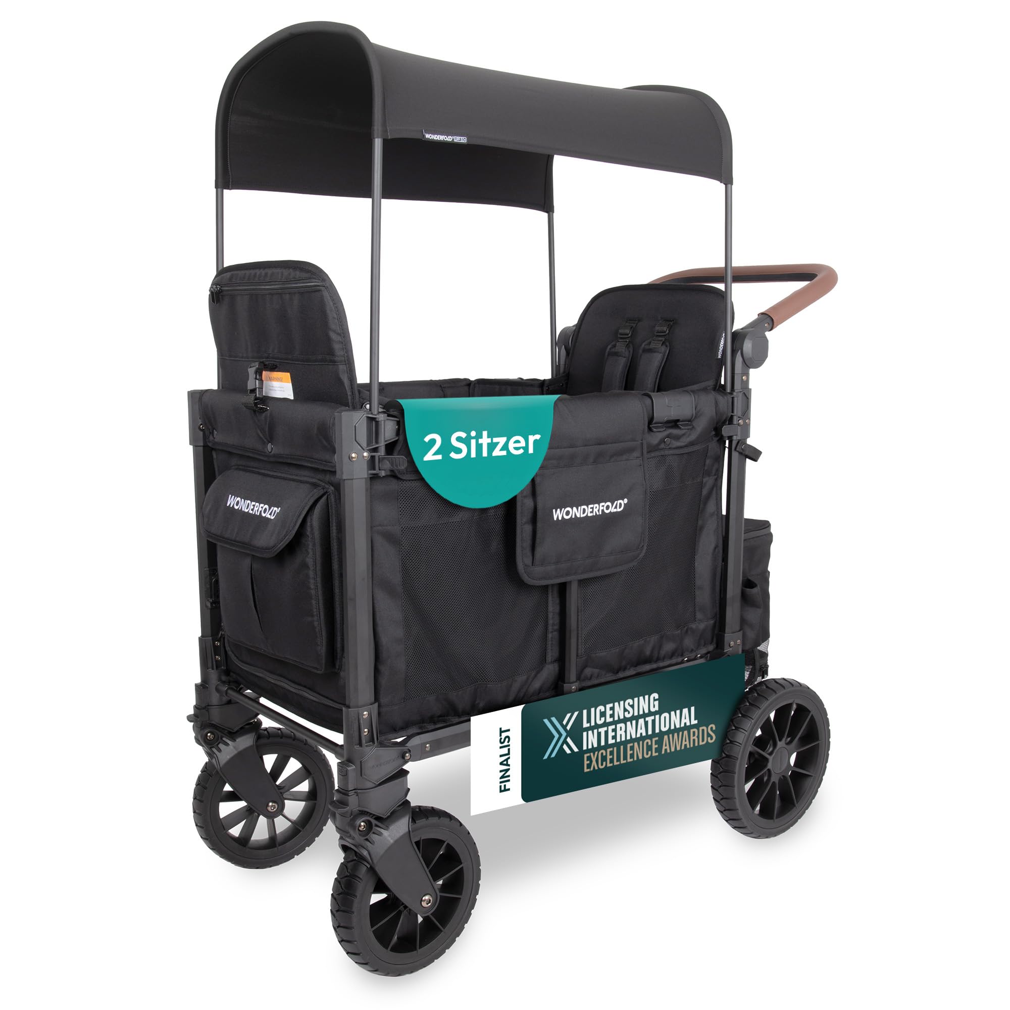 WONDERFOLD W2 Luxe Pro Kinderwagen 2-Sitzer zusammenklappbar mit 5-Punkt-Sicherheitsgurten verstellbarem Sonnendach Schwarz Jet Black