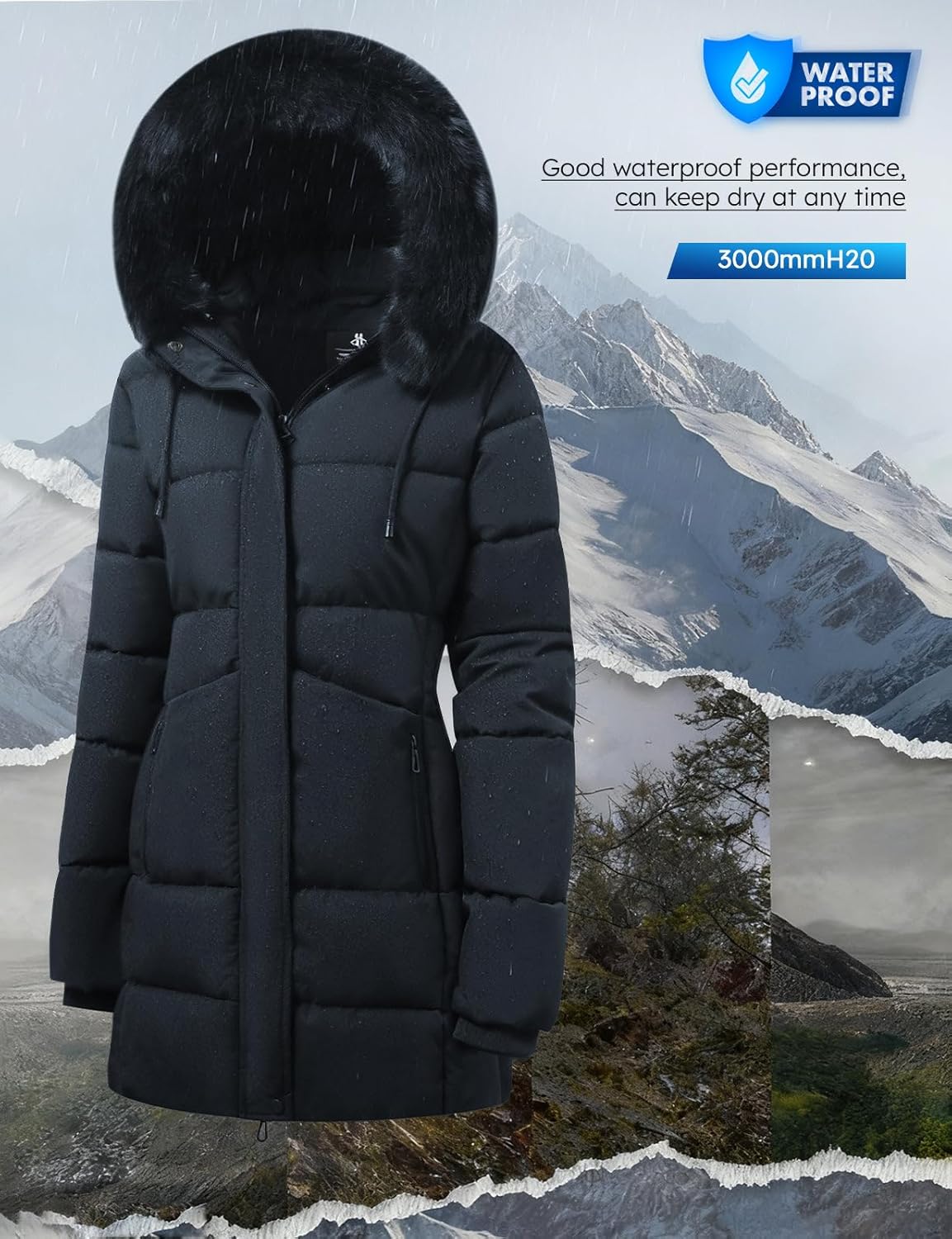 ASPO Women's Winter Warm Coats Waterproof Thick Fleece Lined Down Puffer Jacket 5 Pockets Long Parka Faux Fur Detachable Hood - Image 4