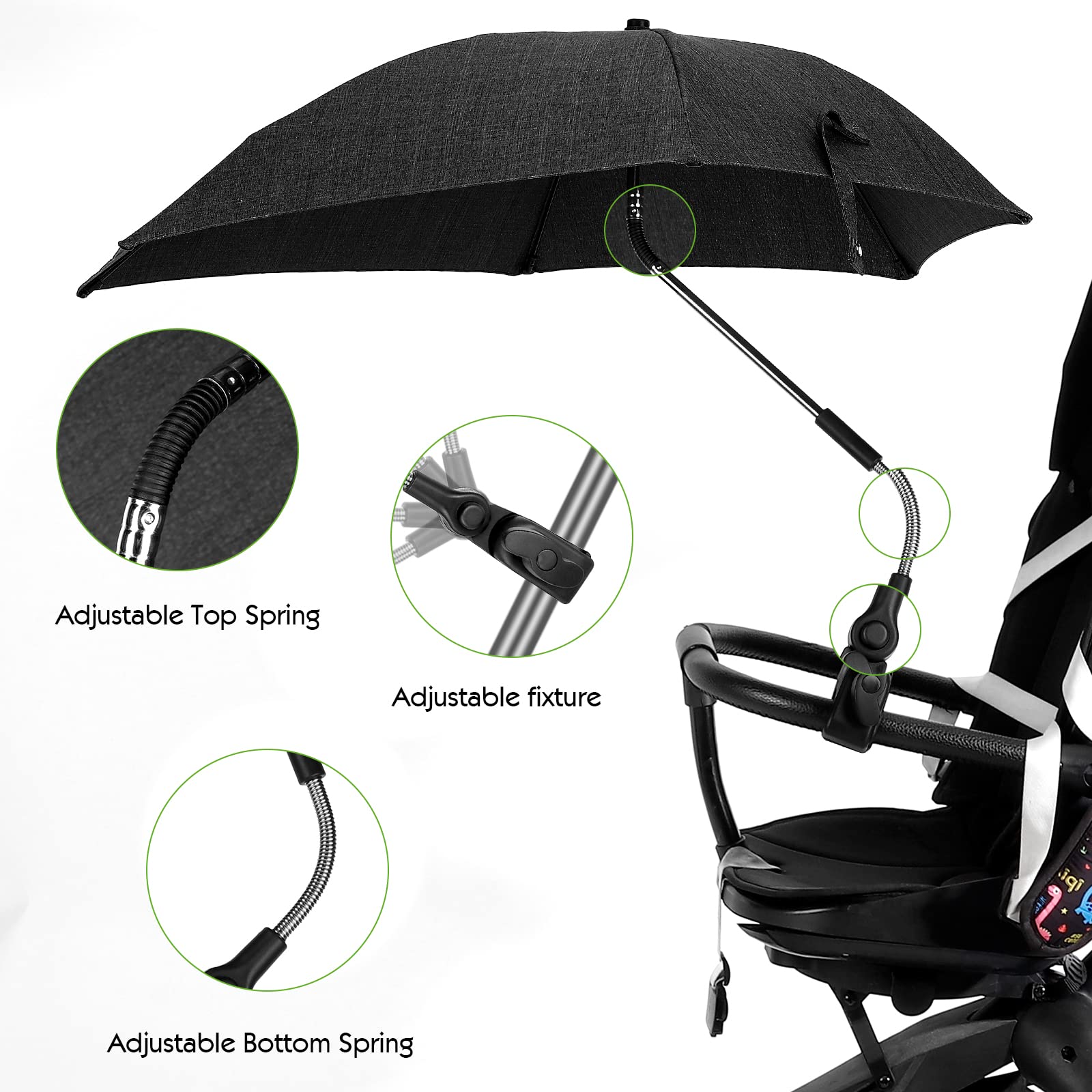 Ombrellino Parasole Universale, Ombrellino per Passeggino e Carrozzina, Protezione Anti UV 50+, Diametro 78 cm, con Supporto Universale, Fissaggio per Tubo Rotondo o Ovale, Nero