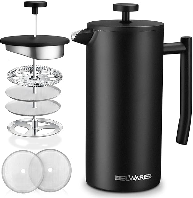 Large French Press Coffee Maker - Double Wall 304 Stainless Steel - 4 Level Filtration System with 2 Extra Filters, 50 oz (1.5L), Black