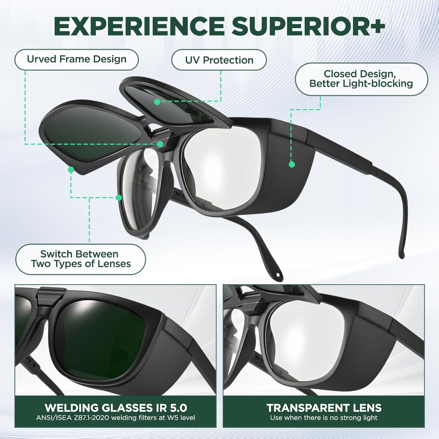 Dual Lens Welding Glasses, ANSI Z87.1 Clear/Shade Switchable ,Anti-scratch Safety Glasses, UV Protection, IR Shade Lens - Image 3