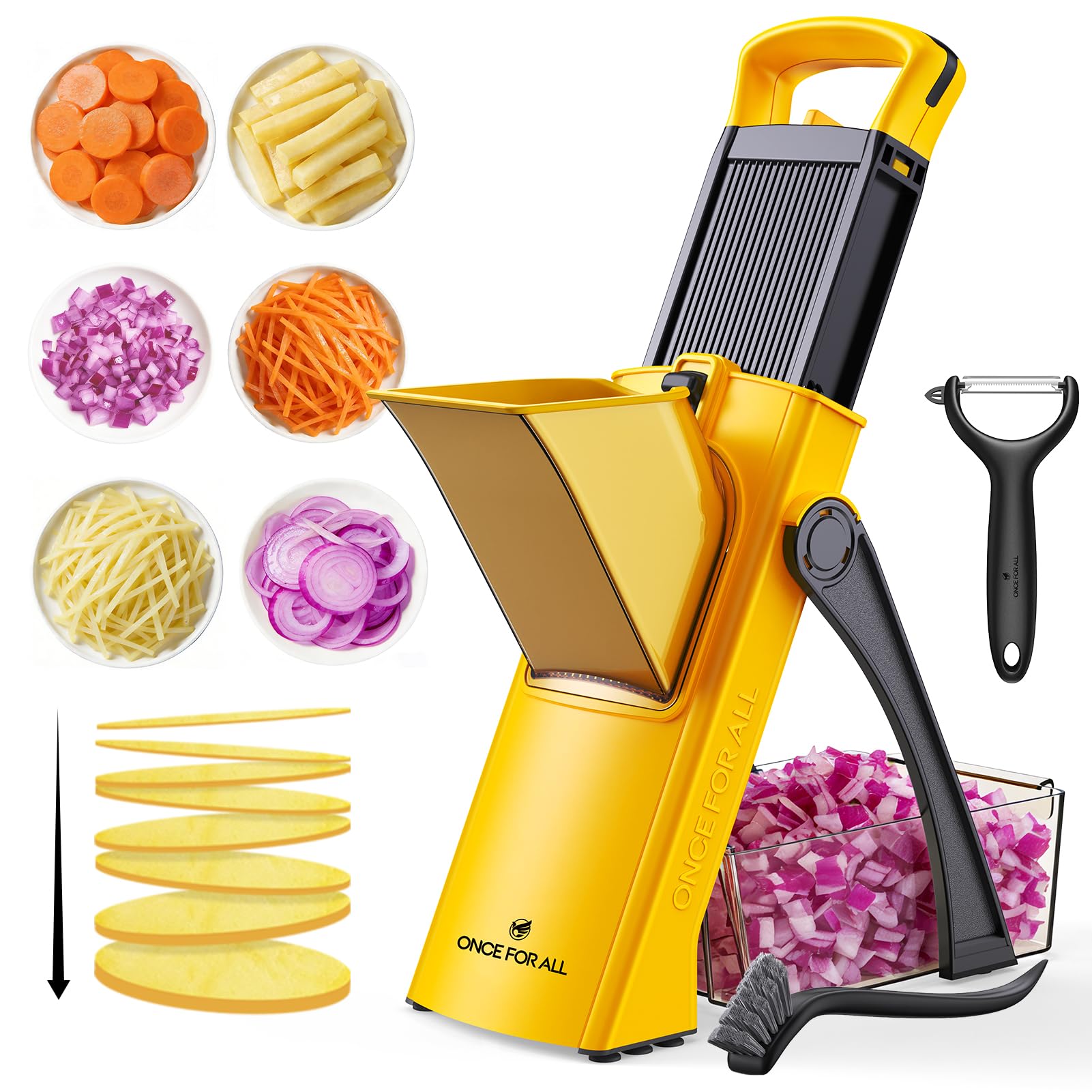 ONCE FOR ALL Gemüseschneider mit Auffangbecken, Gemüsehobel ideal als Pommesschneider & Kartoffelschneider, Zwiebelschneider Gurkenhobel - Würfelschneider, Julienner