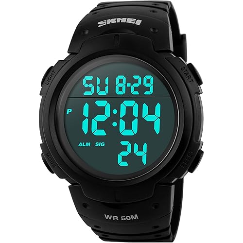 PASOY Mens Women Digital Watch Big Dial Light LED Swim Waterproof Rubber Band Alarm Black LED Watches 50MM