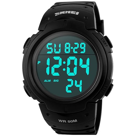 PASOY Mens Women Digital Watch Big Dial Light LED Swim Waterproof Rubber Band Alarm Black LED Watches 50MM