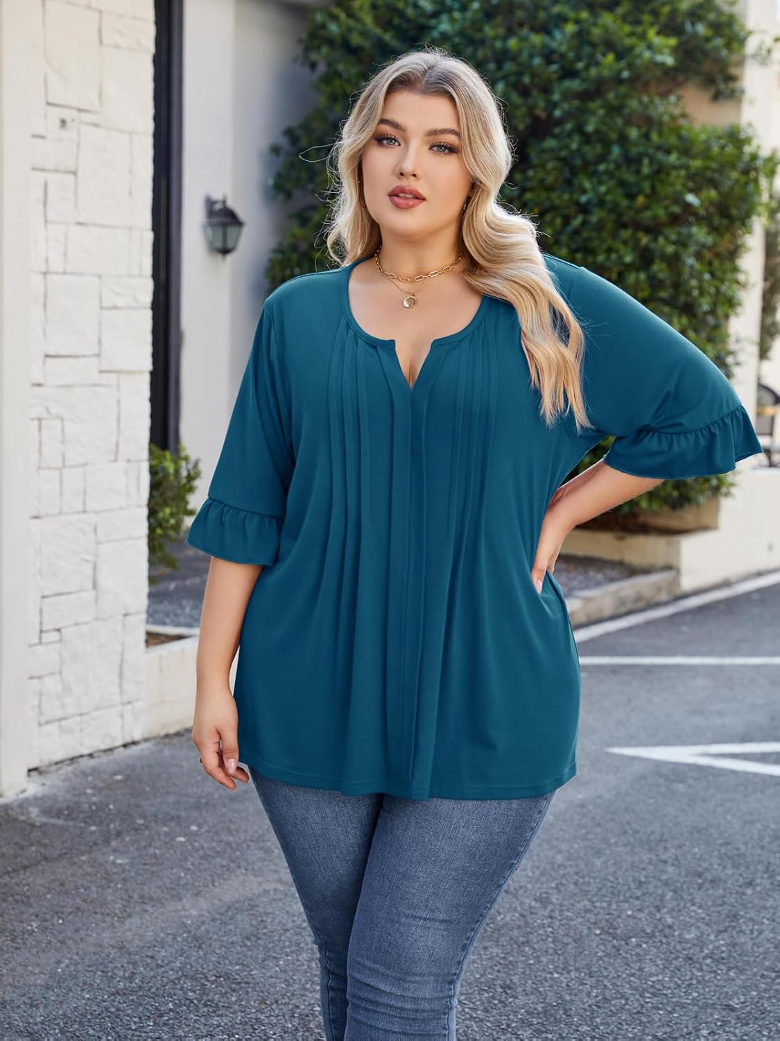 Beauhuty Women's Plus Size Shirts Dressy Casual Blouses 3/4 Bell Ruffle Sleeve Front Pleated Trendy Business Peplum Tops - Image 5