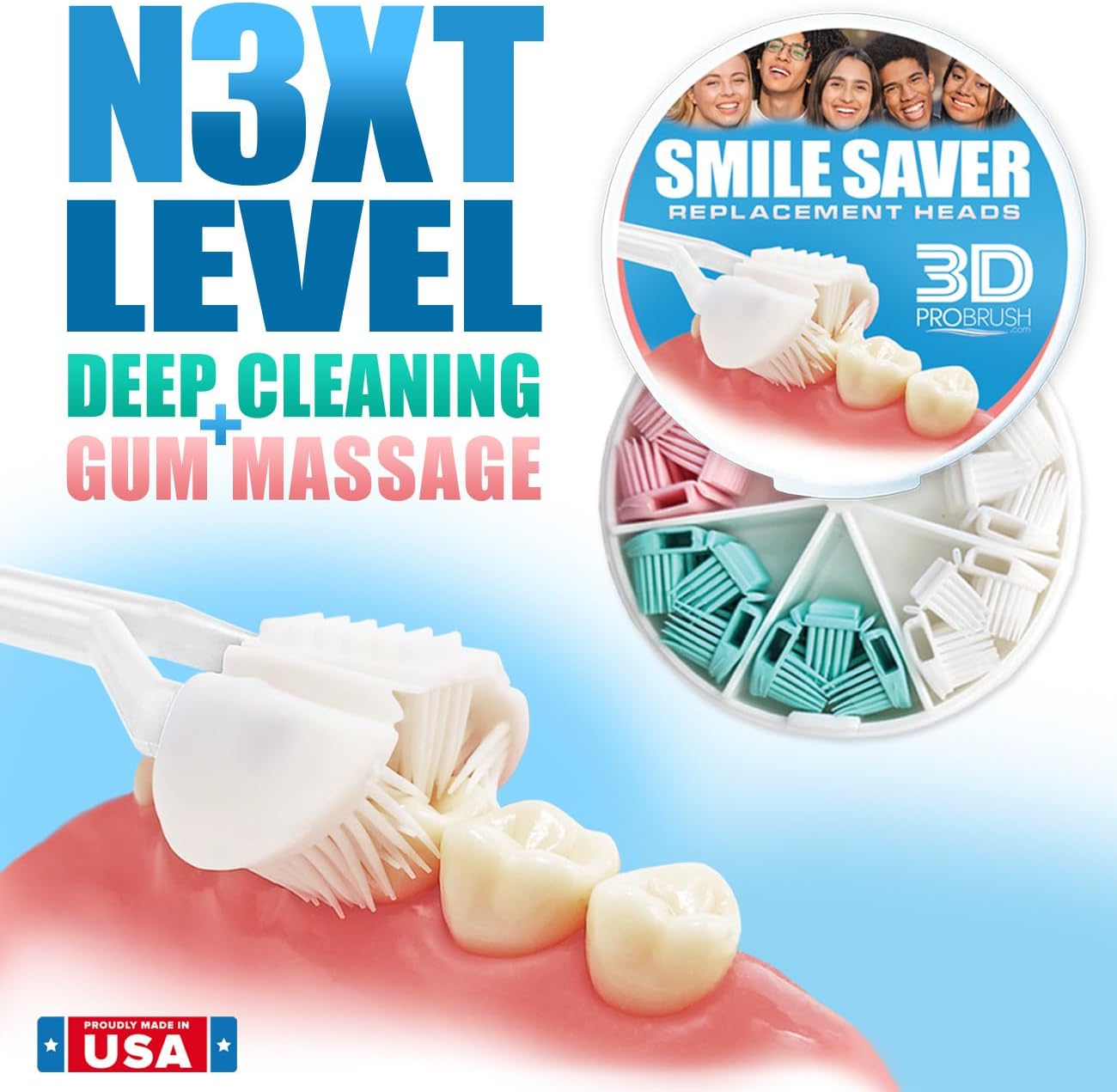 Smile Saver 360° 3-Sided Toothbrush + 7-Pack Eco Replacement Heads | N3XT Level Clean | 360 Gum Massage 3X Triple FL3X Design Soft Tongue Scraper Sensory Kids Oral Health Care Travel Three Made in USA