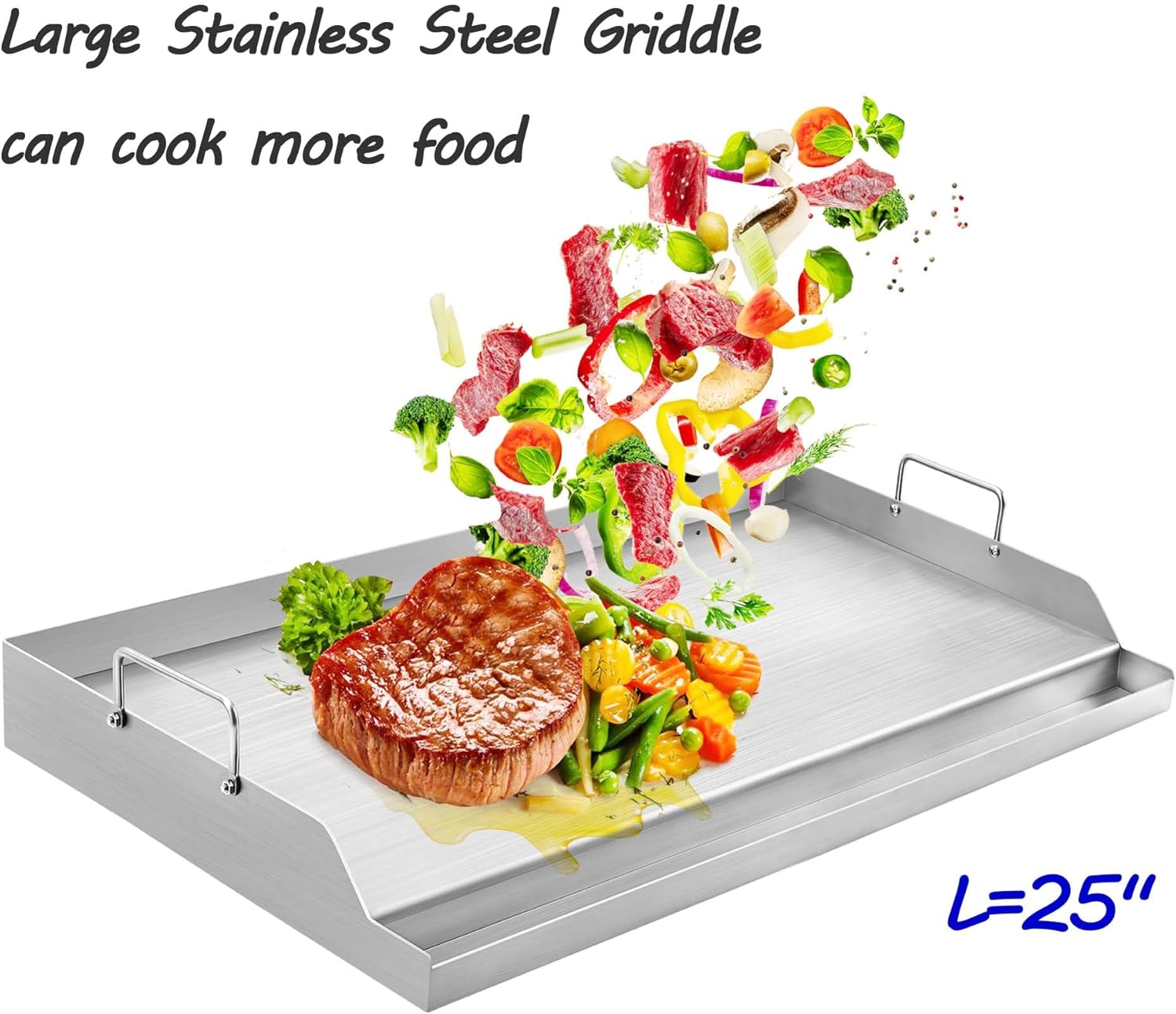 GasSaf 25" x 16" Stainless Steel Griddle Universal for Gas & Charcoal Grills, Large Flat Top with Grease Groove, Heat Evenly, Great for Parties, Camping & Tailgating, Outdoor Cooking Flat Pan