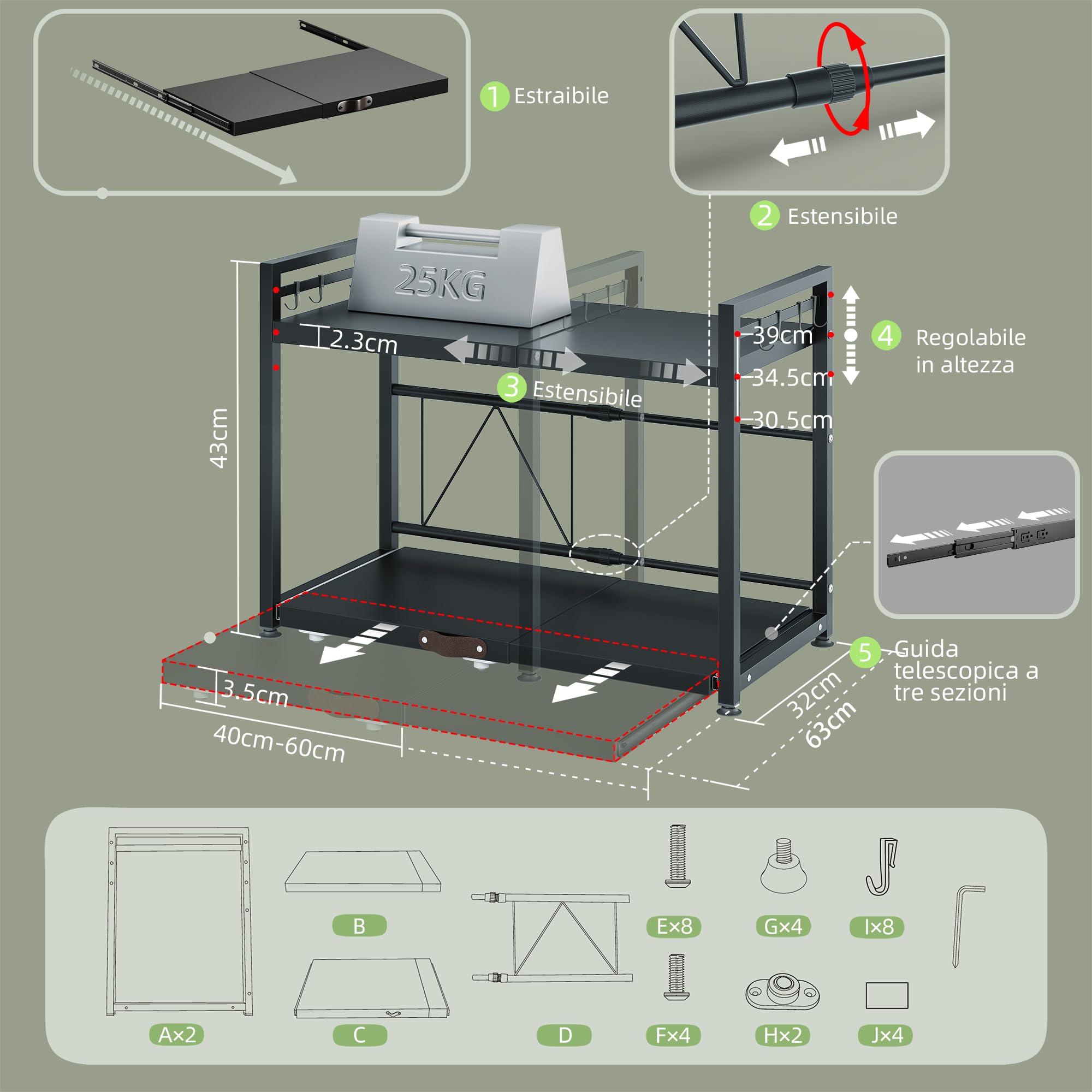 NETEL allungabile mensola microonde a 2 Livelli,ripiano per microonde,scaffale cucina salvaspazio,Organizzatore di Stoccaggio per Cucina con 8 Ganci, Nero