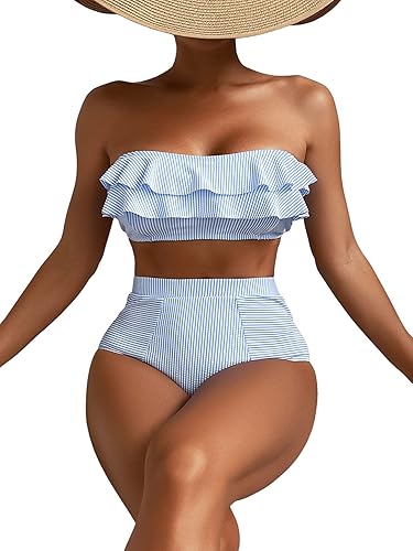 Miniatura 3 de Floerns Conjunto de bikini de 2 piezas con estampado de rayas de cintura alta y ribete con volantes para mujer