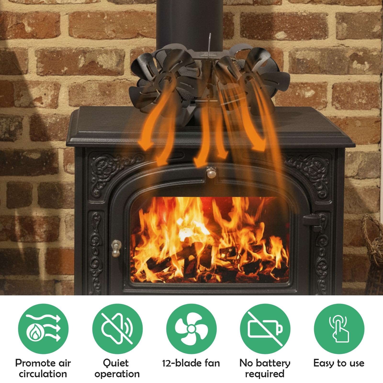 12 PáGinas Ventilador de Chimenea, No Eléctrico Ventilador de Estufa de Leña, Doble Motor Ventilador de Estufa de Lena Silencioso para Estufas de Leña de Leña/Leña/Chimenea/Estufa