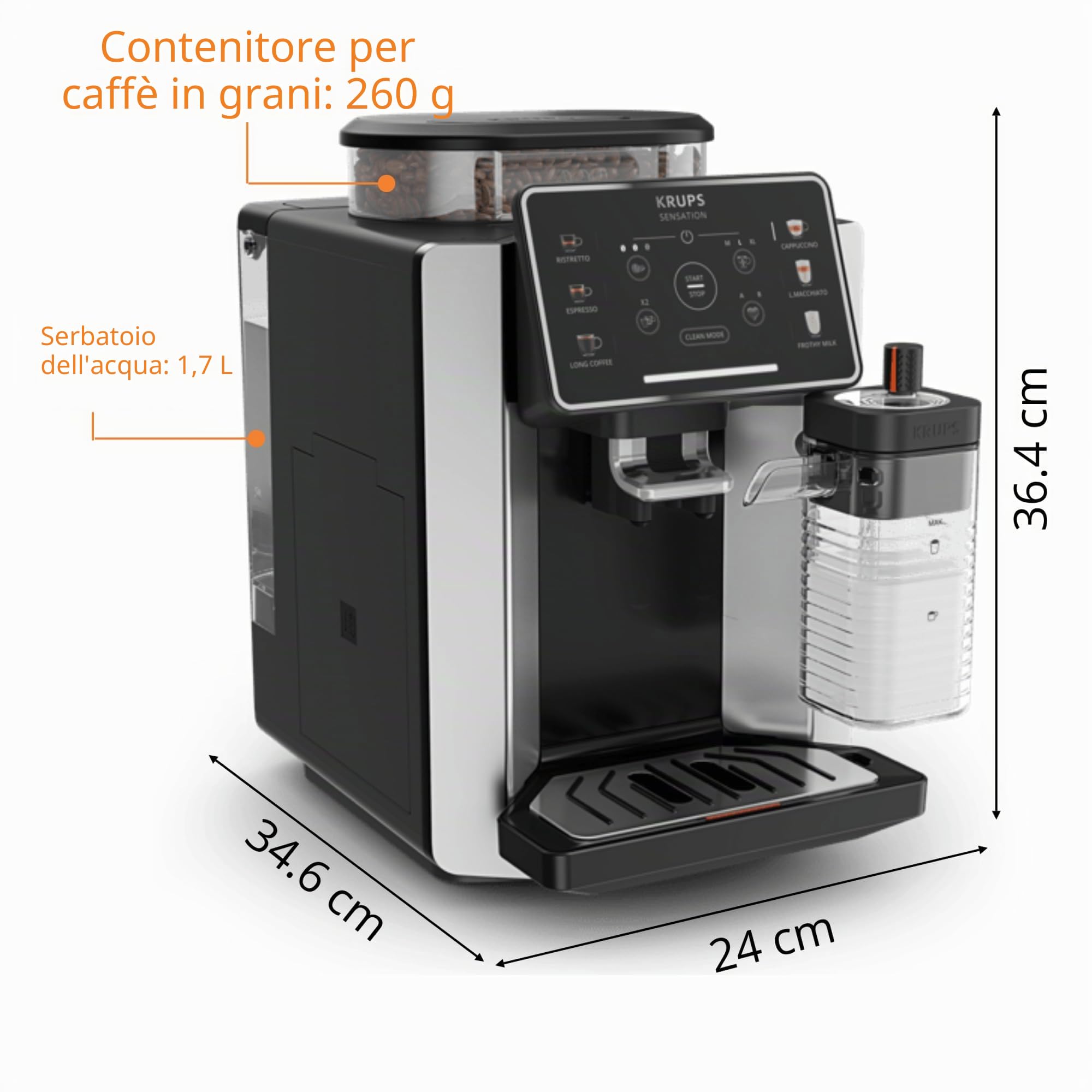 Krups Sensation Milk M50, Macchina Caffè Chicchi con Touch Screen Intuitivo, Tecnologia Milk Maestro per Creare 6 Bevande, Serbatoio del Latte Integrato, Pulizia Automatica, 1450 W, EA912E, Argento