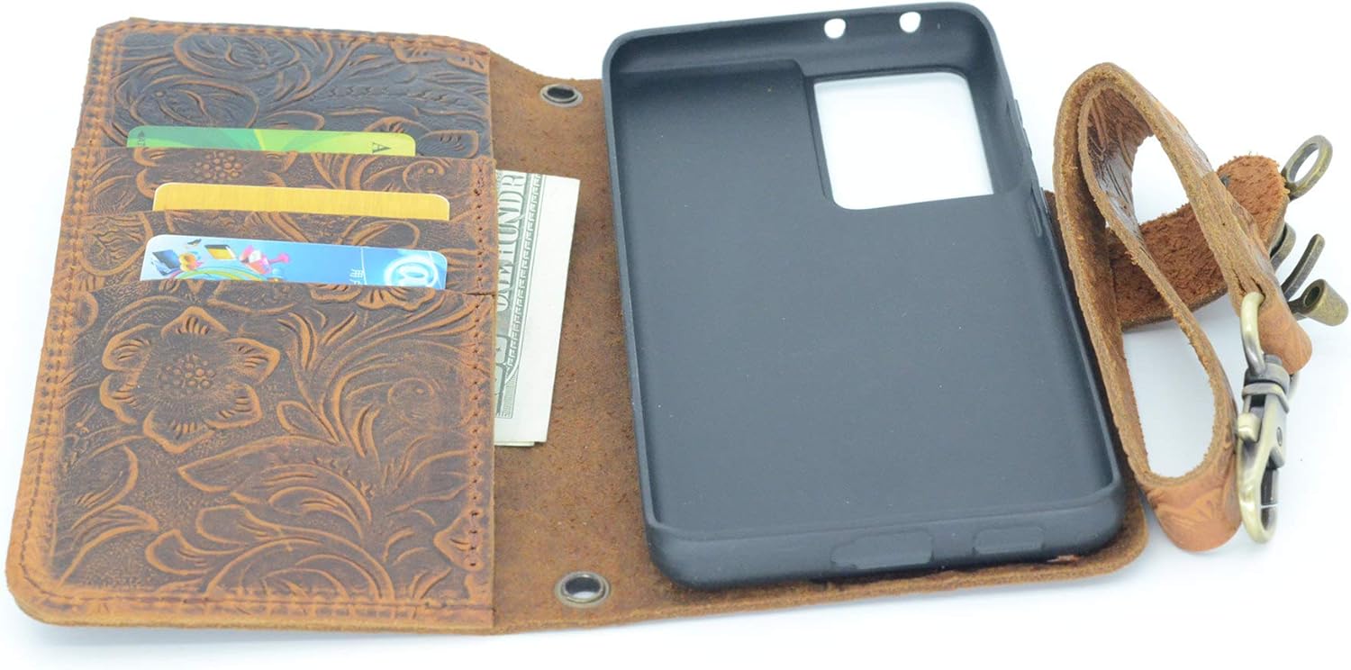 JJNUSA Compatible with Samsung Galaxy S21 Ultra 6.8 inches 2021 Genuine Distressed Leather Wallet Flip Cover Case Brown