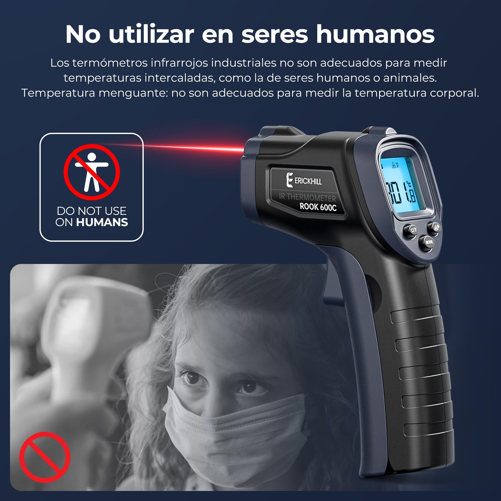 ERICKHILL Termómetro infrarrojo -50°C~600°C Pistola láser sin contacto LCD Pantalla retroiluminada Emisividad ajustable