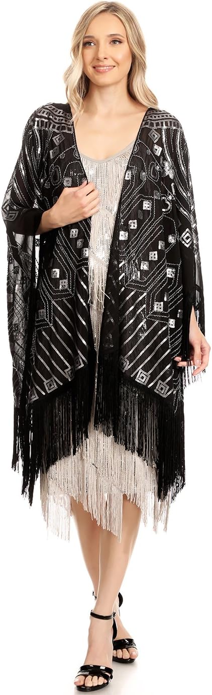 Anna-Kaci Womens Oversized Gatsby Hand Beaded Fringed Sequin Evening Shawl Wrap