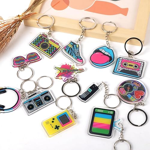 Miniatura 7 de 12 llaveros de fiesta de los años 80, llaveros acrílicos con temática musical, llavero retro de los años 80 para fiestas temáticas musicales de los