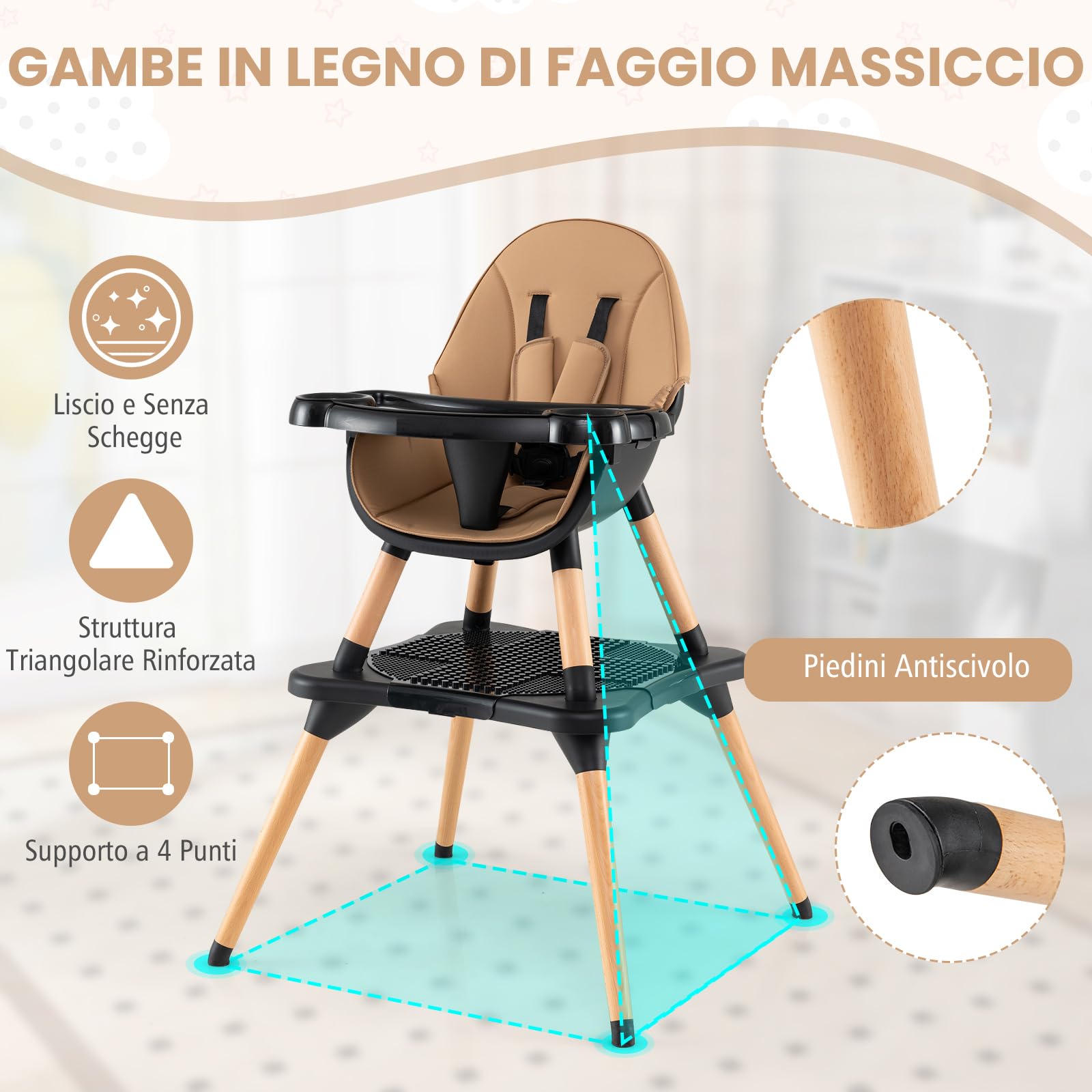 RELAX4LIFE 4 in 1 Seggiolone Pappa, Seggiolone Evolutivo con Vassoio Rimovibile e Cintura di Sicurezza, Altezza Regolabile in 4 Posizioni, per Bambini e Neonati 6-36 Mesi (Standard, Mocha)