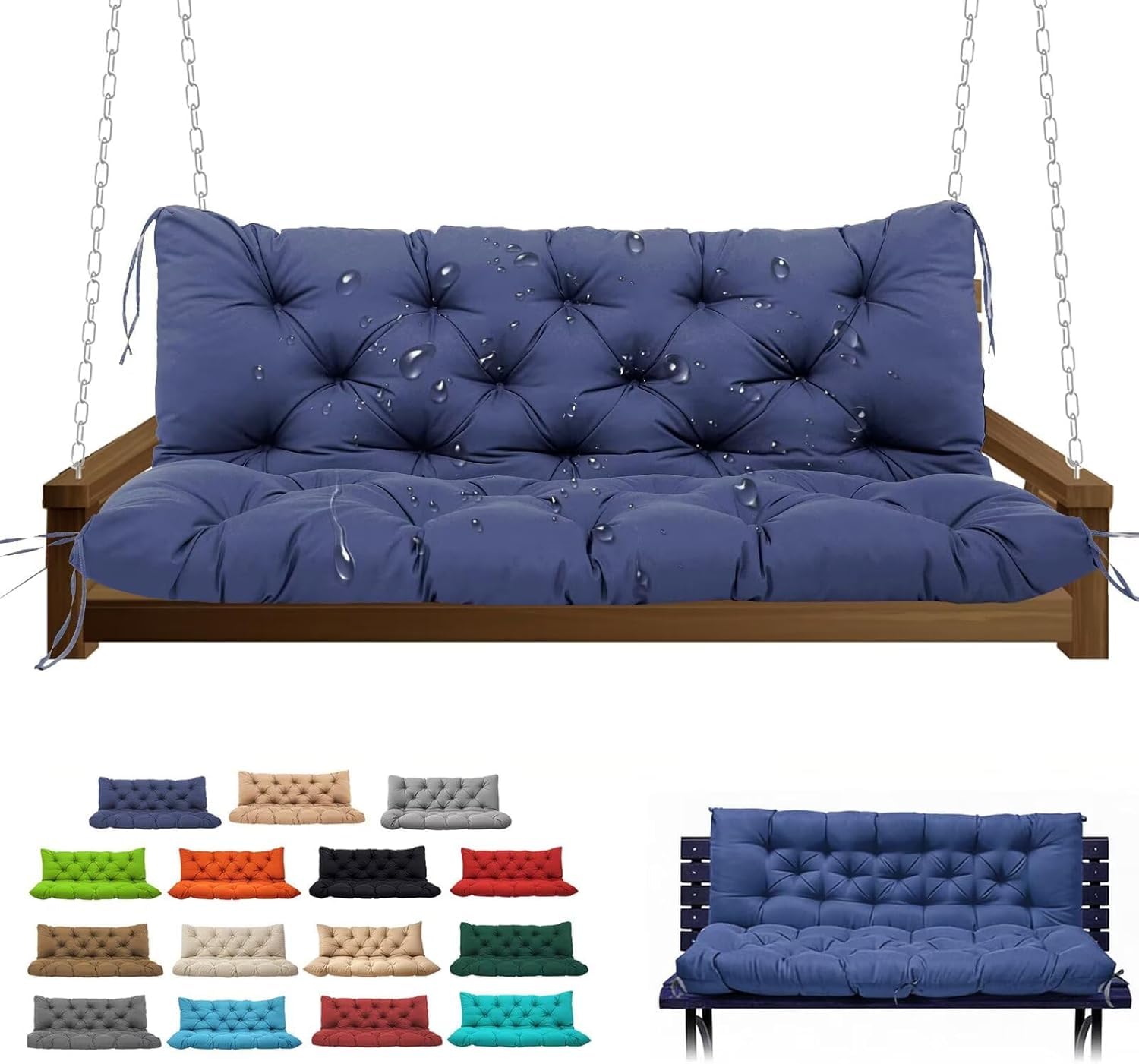 Garden Bench Cushions, 2-3 Seater Thick Waterproof Fabric Durable Comfortable Outdoor Indoor Seating Cushion with Convenient Ties Versatile for Patio Garden Porch Benches(Navy Blue 100x100cm) — image 1