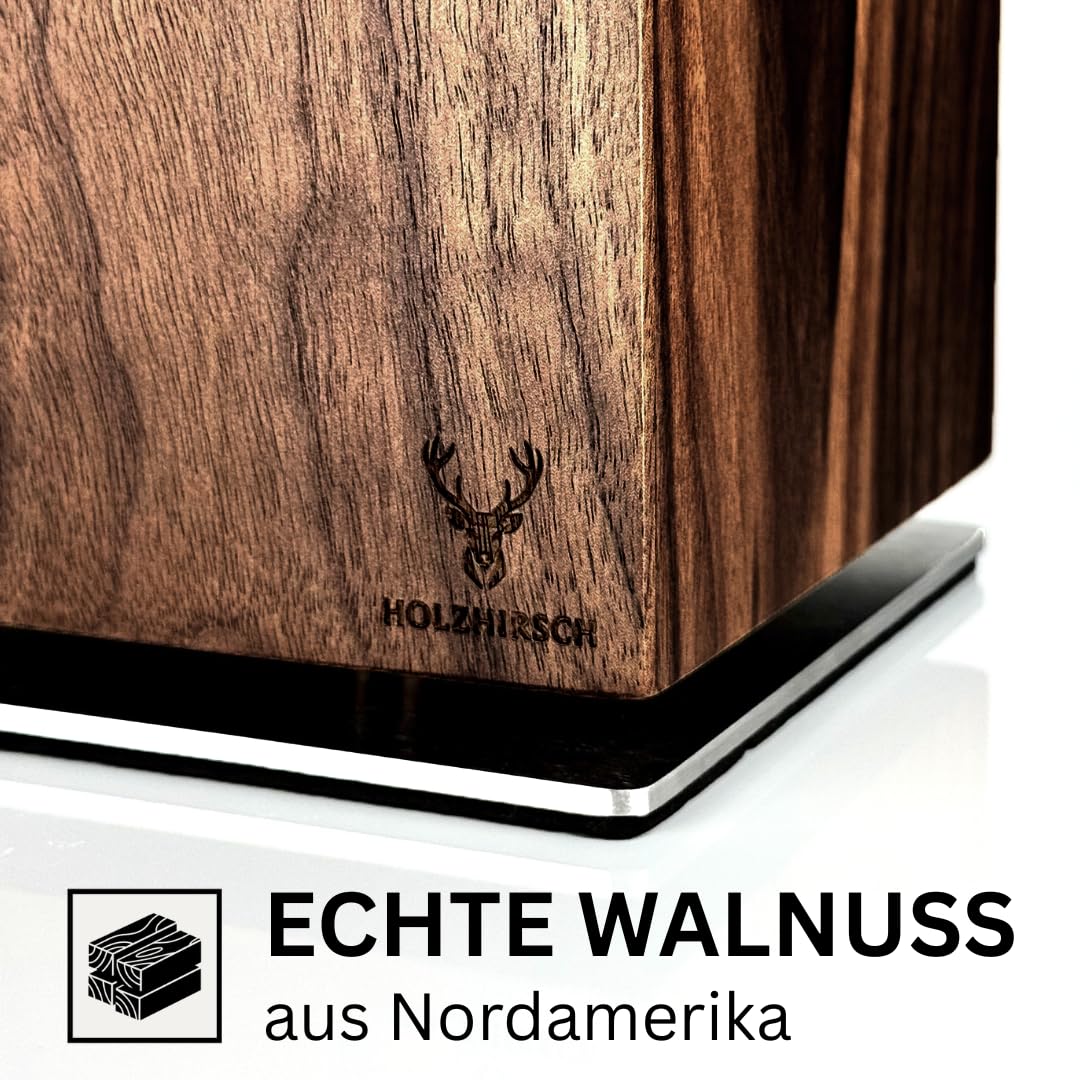 Messerblock ohne Messer magnetisch [Premium] | 360° drehbar | 5,2 kg extra schwer | Rutschfeste Edelstahl-Basis | Nordamerikanische Walnuss