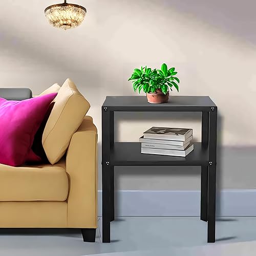 Miniatura 2 de FixtureDisplays Mesita de noche de metal negro de 2 niveles, 14 pulgadas de ancho x 11 pulgadas de profundidad x 17 pulgadas de alto, elevador