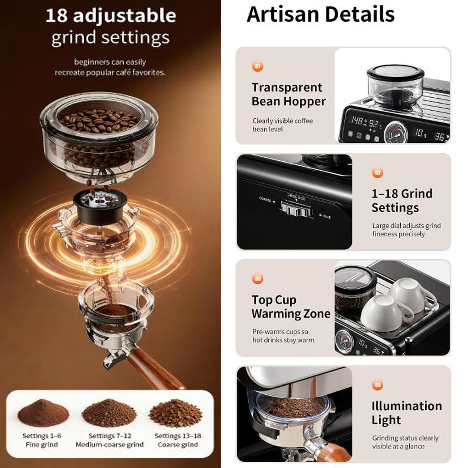 Molinillo de café y cafetera, máquina de Espresso de 20 Bares, ajustes de Temperatura y Volumen, Pantalla táctil LCD, para Baristas caseros o para Preparar Lattes y capuchinos.