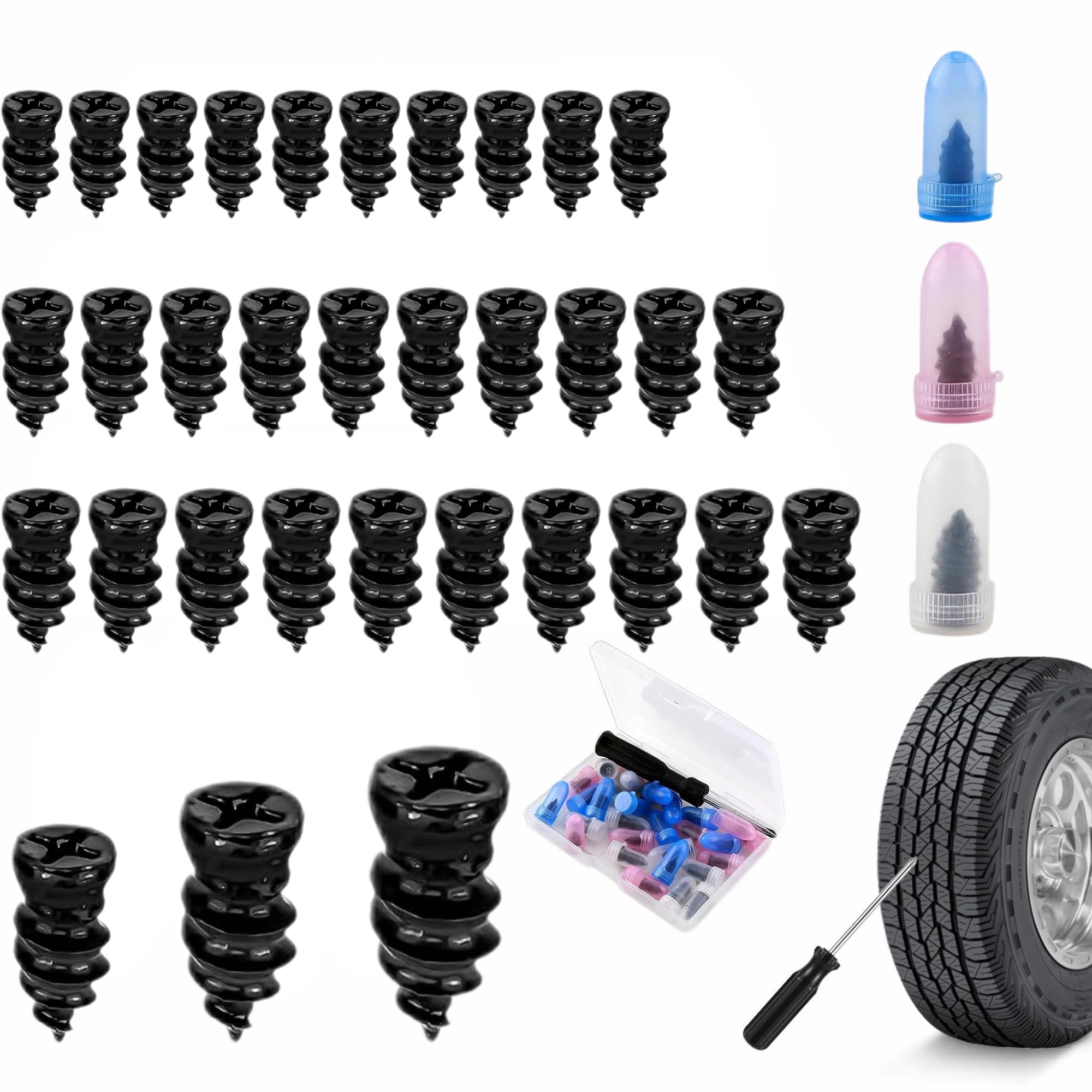30 Piezas Kit Antipinchazos Coche Repara Pinchazos con 3 Tamaños (10 S+10 M+10 L) de Clavos de Goma para Neumáticos al Vacío y Destornillador Kit de Reparación de Neumáticos para Coche Moto Bicicleta - 2