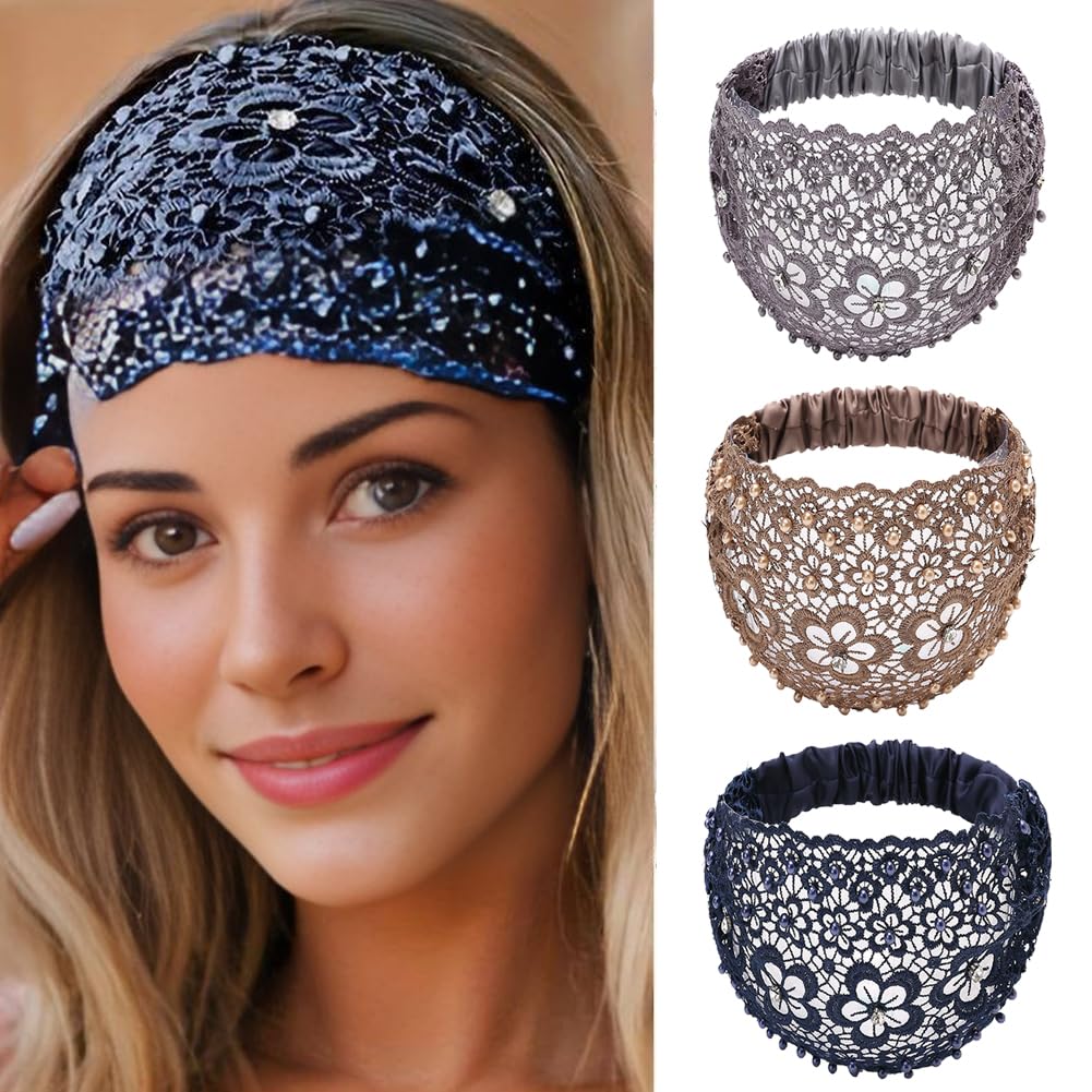 VIVBCLI 3Pcs Set Boho-Chic Crystal & Pearl Embellished Wide Headbands, Beaded Lace Headband for Women, Hollow Fashion Hair Accessories (3 PCS-A, One