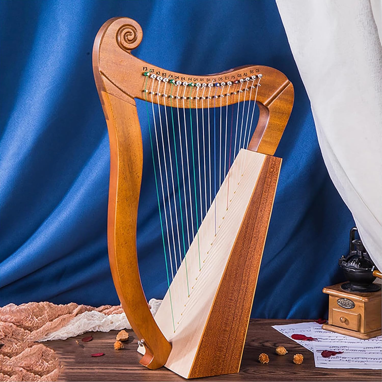 Harfa klasyczna - 19 strun z kluczem do strojenia i torbą do przechowywania, mahoniowy instrument rezonansowy dla miłośników muzyki i początkujących
