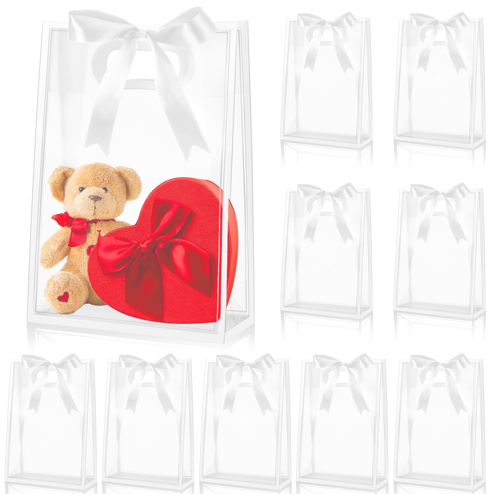Aliceset 24 Pcs Clear Plastic Gift Bag with Die Cut Handles Reusable PP Favor Bag with Ribbon for Wedding Bridal Birthday Baby Shower Party Small Business, 7x10x3.15 Inch(White)