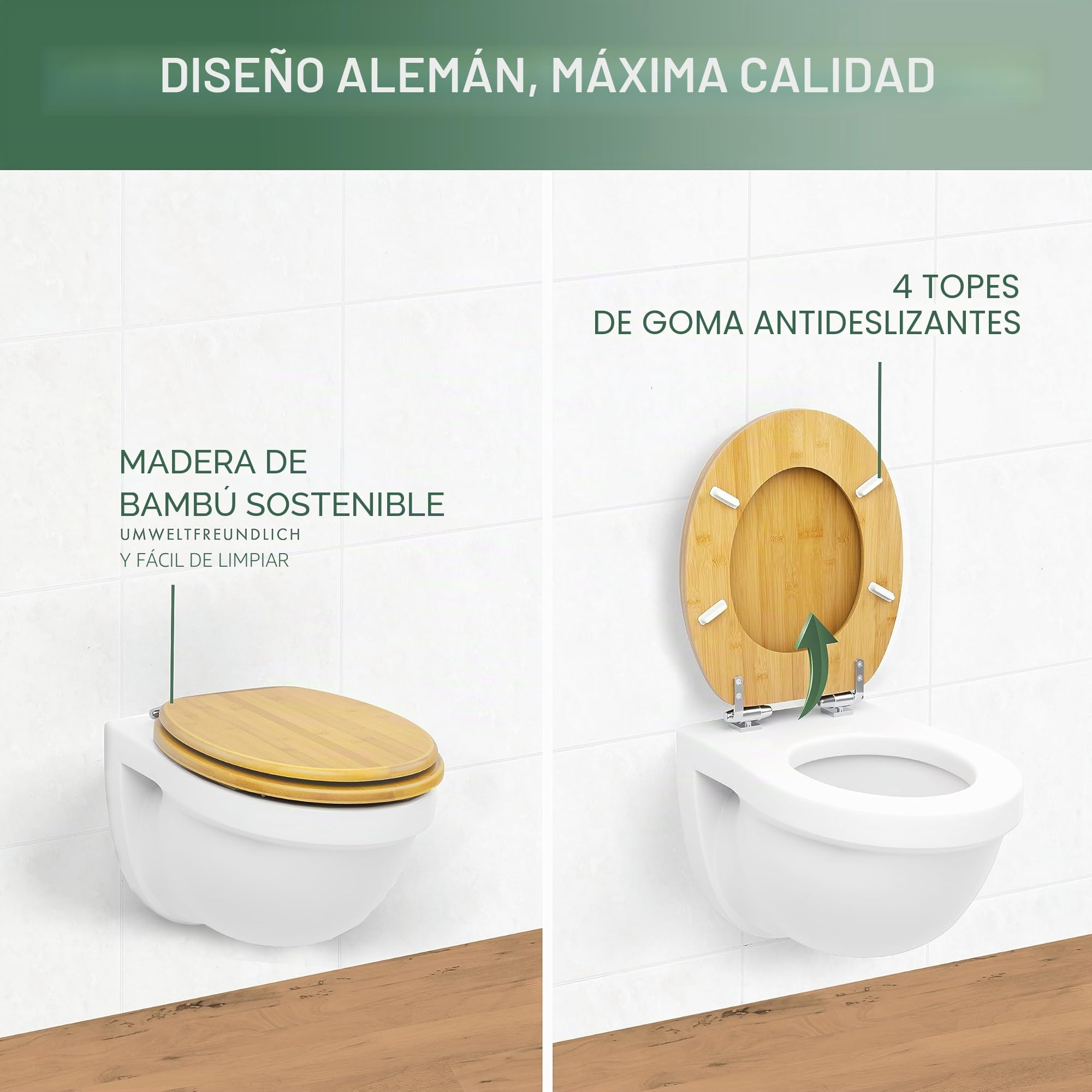 Benkstein® Tapa de inodoro con descenso suave de bambú, antibacteriano, liberación rápida para una fácil limpieza, fácil montaje, resistente y sostenible, tapa de inodoro de madera, extraíble