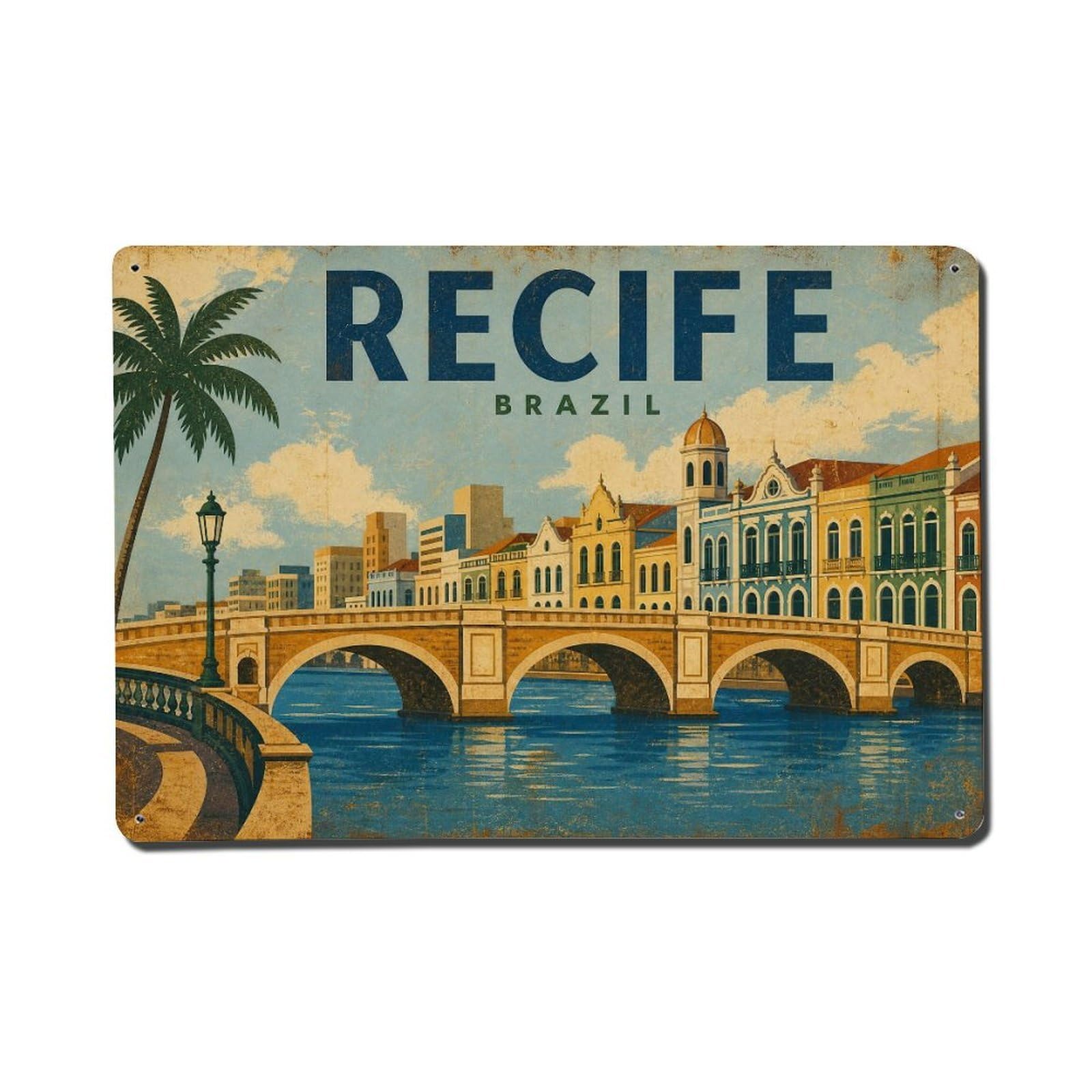Vintage Travel Brazil Recife Metal Tin Sign