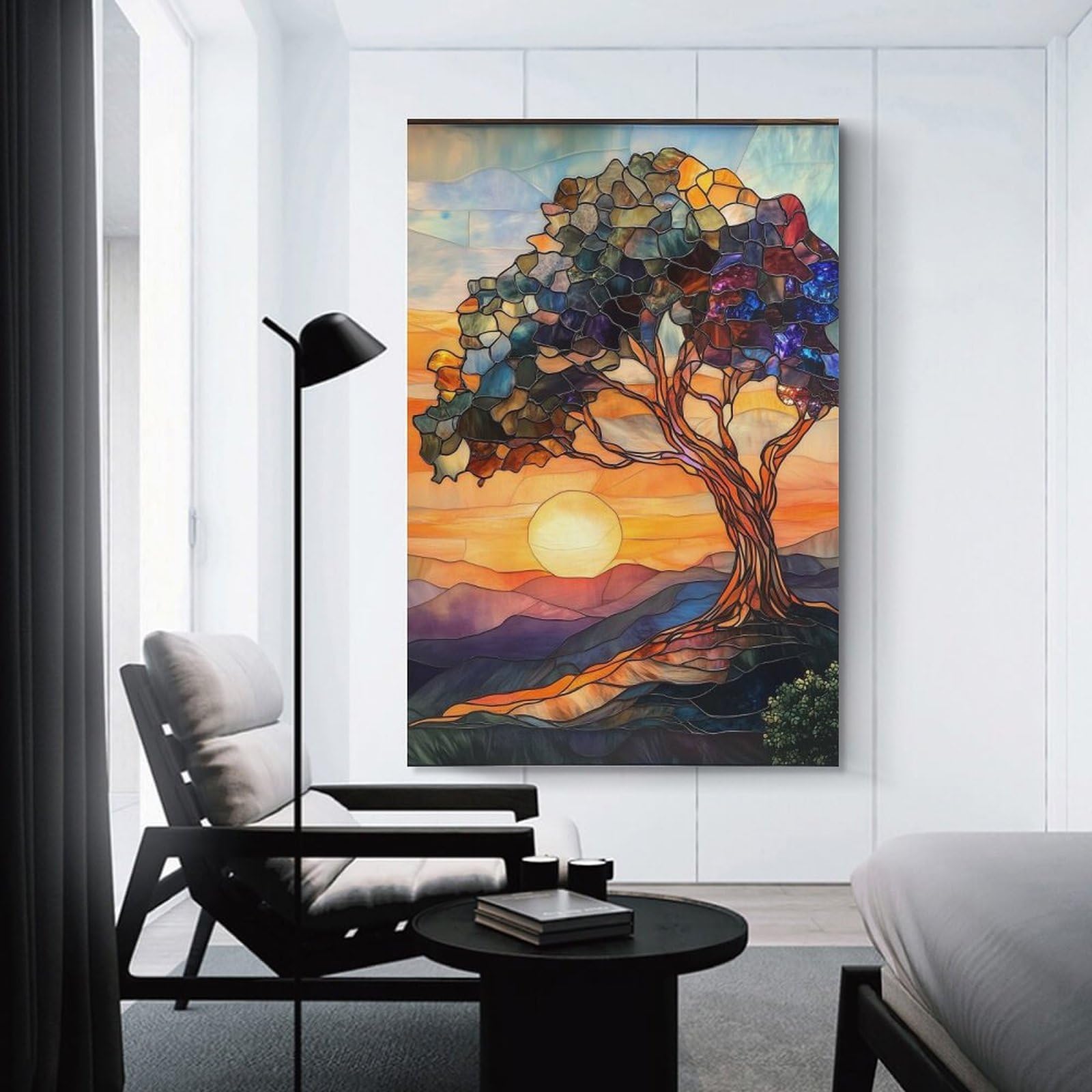Junmoney Unframe-Style-24-1 Stained Glass Sunset Tree Decorative Wall Artwork 16X24inch(40X60cm), For Corridors, Hallways Or Apartment Entries, Home Artwork For First Impressions