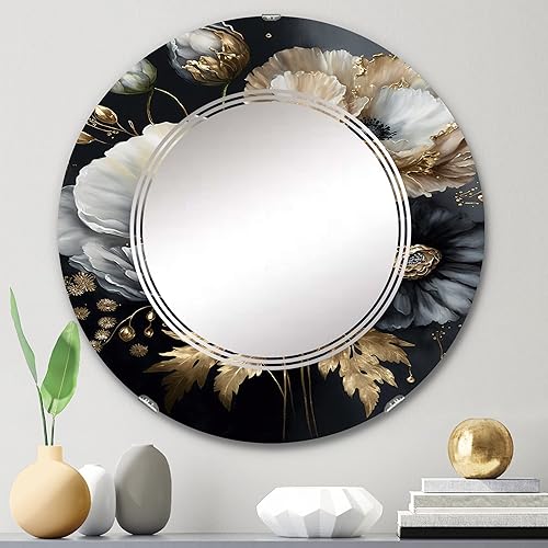 Miniatura 2 de Grey Gold Flower Bouquet II- Vanity Mirror, Bathroom Mirrors, Wall Mirrors for Living Room, Bedroom - Round Mirror - Large 24'x24', 32'x32'