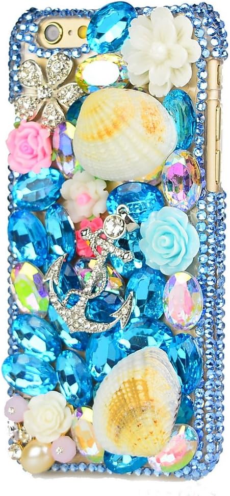 STENES Bling Phone Case Compatible with iPod Touch 5/6th Case - [Luxurious Series] 3D Handmade Shiny Crystal Sparkle Bling Case - Crystal Anchor Pretty Shell Flowers/Navy Blue