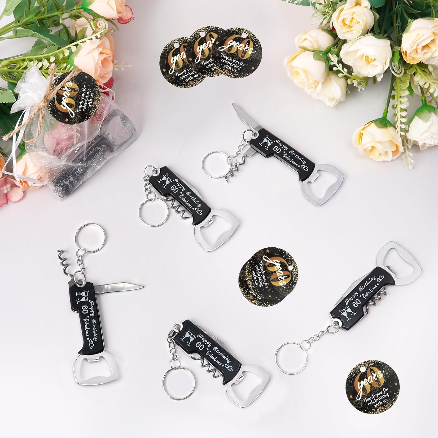 30 Sets 60th Bottle Opener Keychain Bulk 60th Birthday Party Favors for Guests, Multifunctional 60th Beer Wine Bottle Opener with Gift Bags Thank You Cards, for Birthday Decoration Souvenirs