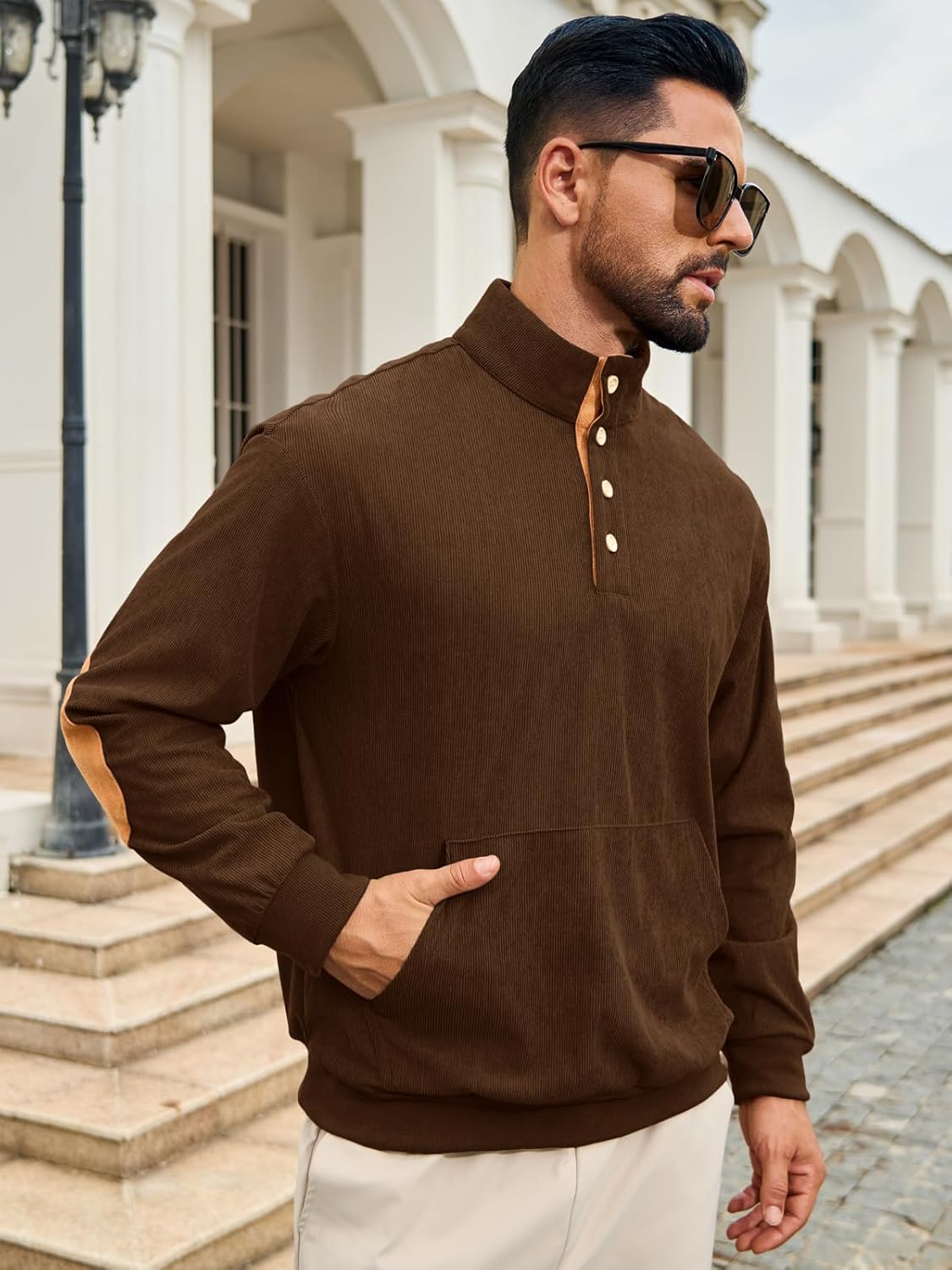 Auxo Mens Hoodies Pullover Corduroy Drawstring Long Sleeve Casual Lightweight Hooded Sweatshirt with Kanga Pocket - Image 4