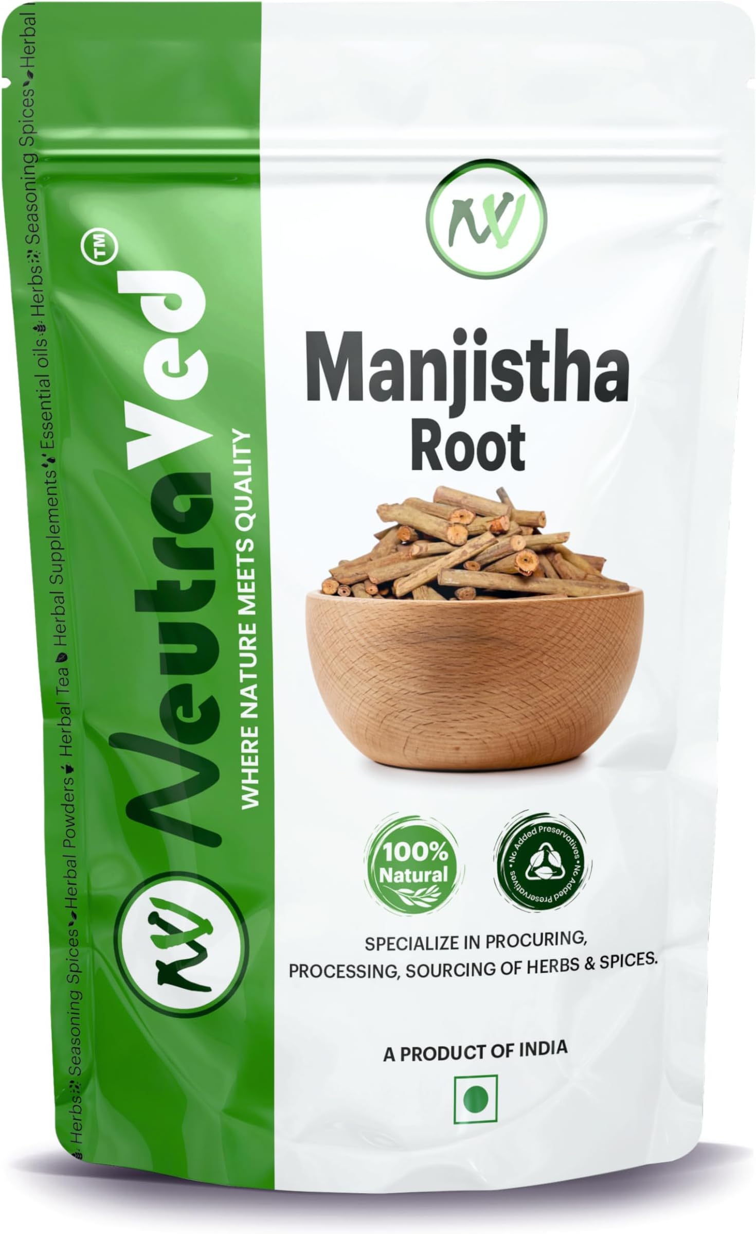 NeutraVed Manjistha Root - 100g, Organic Indian Madder, for Eating also Face and Hair Care, Skin - Ayurvedic Herbs for Men and Women, Packed Clean in Stand-Up Zipper Bag - 100g