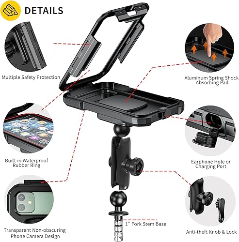 Miniatura 5 de iMESTOU Soporte impermeable para teléfono con vástago de horquilla de motocicleta, funda antirrobo para teléfono de bicicleta con brazo de doble